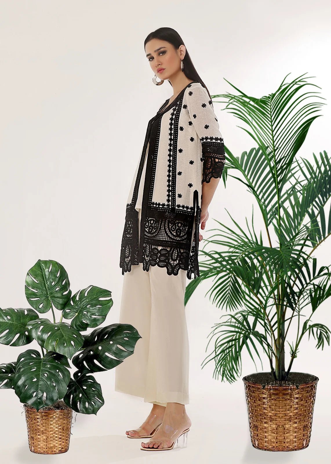 Amal Front Open Coat - Lace & Sequins Embroidery