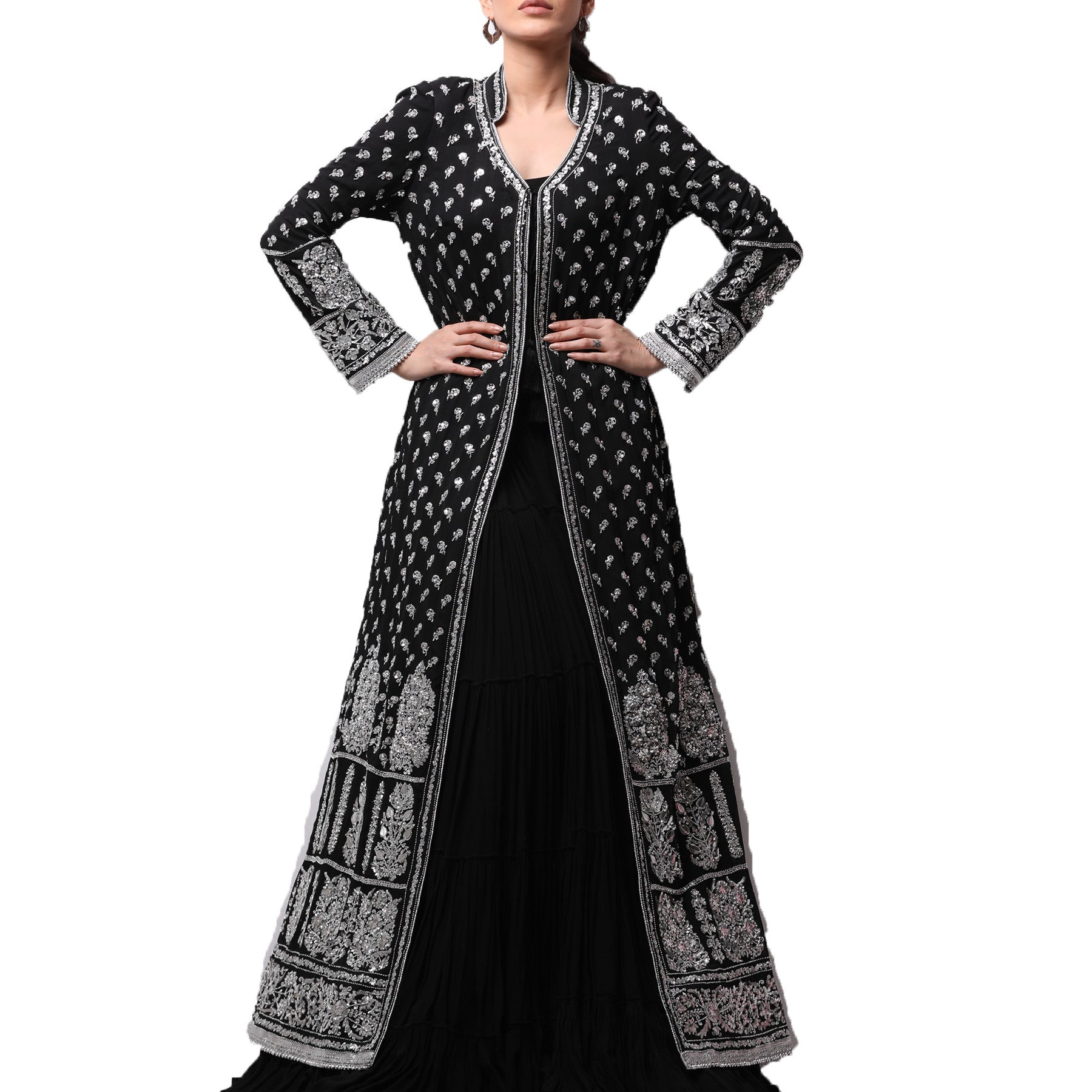 Black Cotton Georgette Long Coat Black dress Rizwan-Beyg-Design
