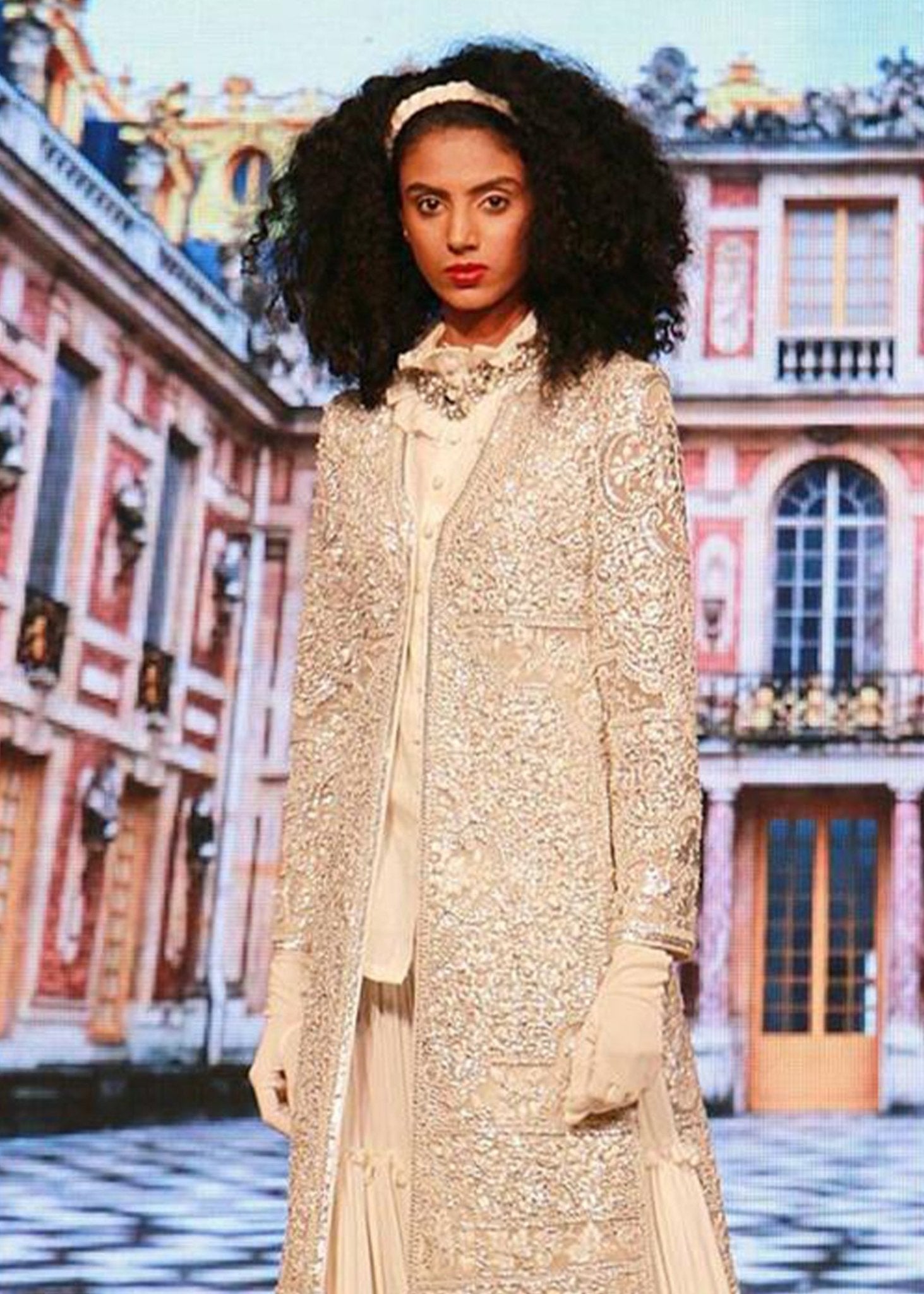 Embroidered Long Coat with Layered Skirt - Main Image