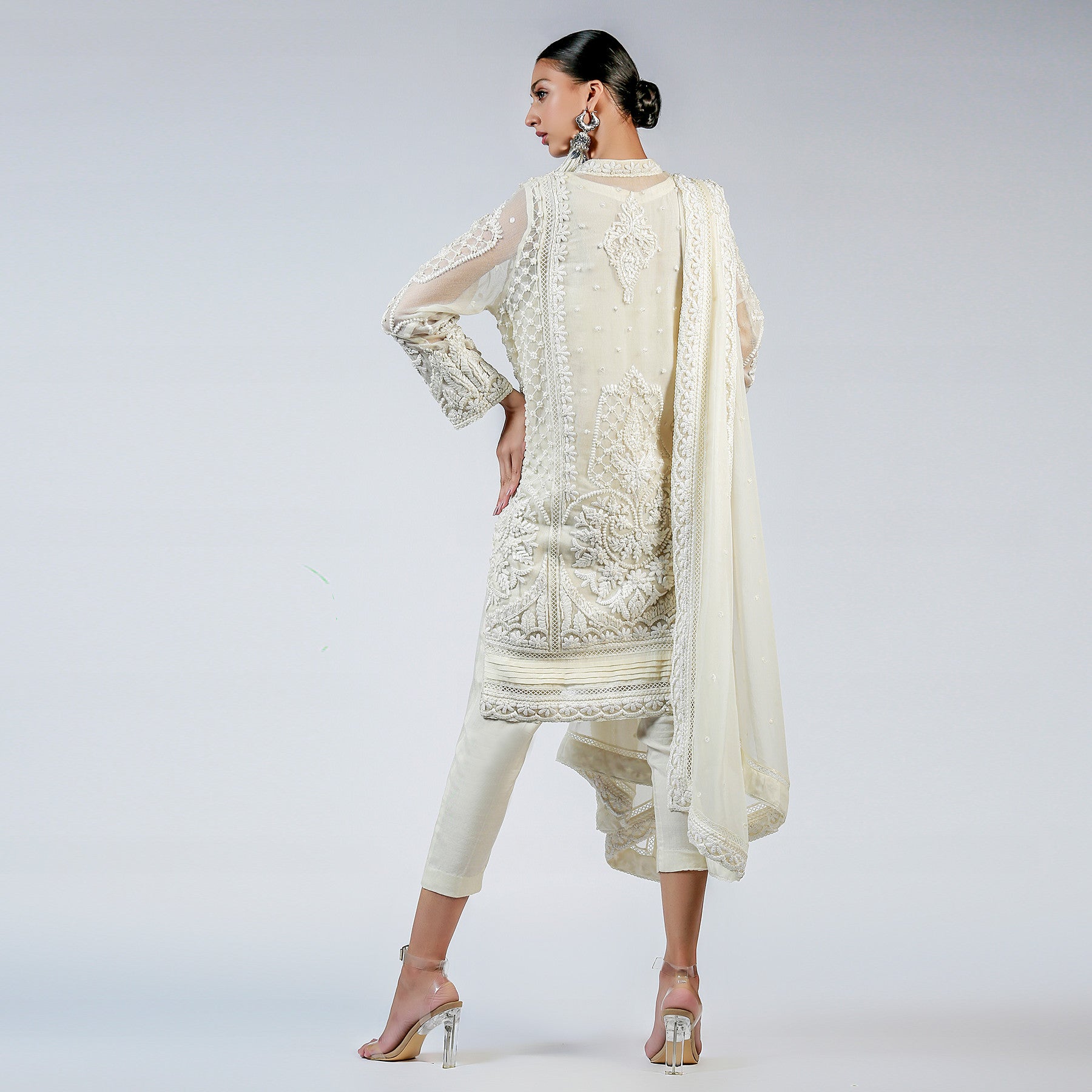 Ivory Ribbon and French Knot Embellished Kali kurta - Rizwan Beyg Design
