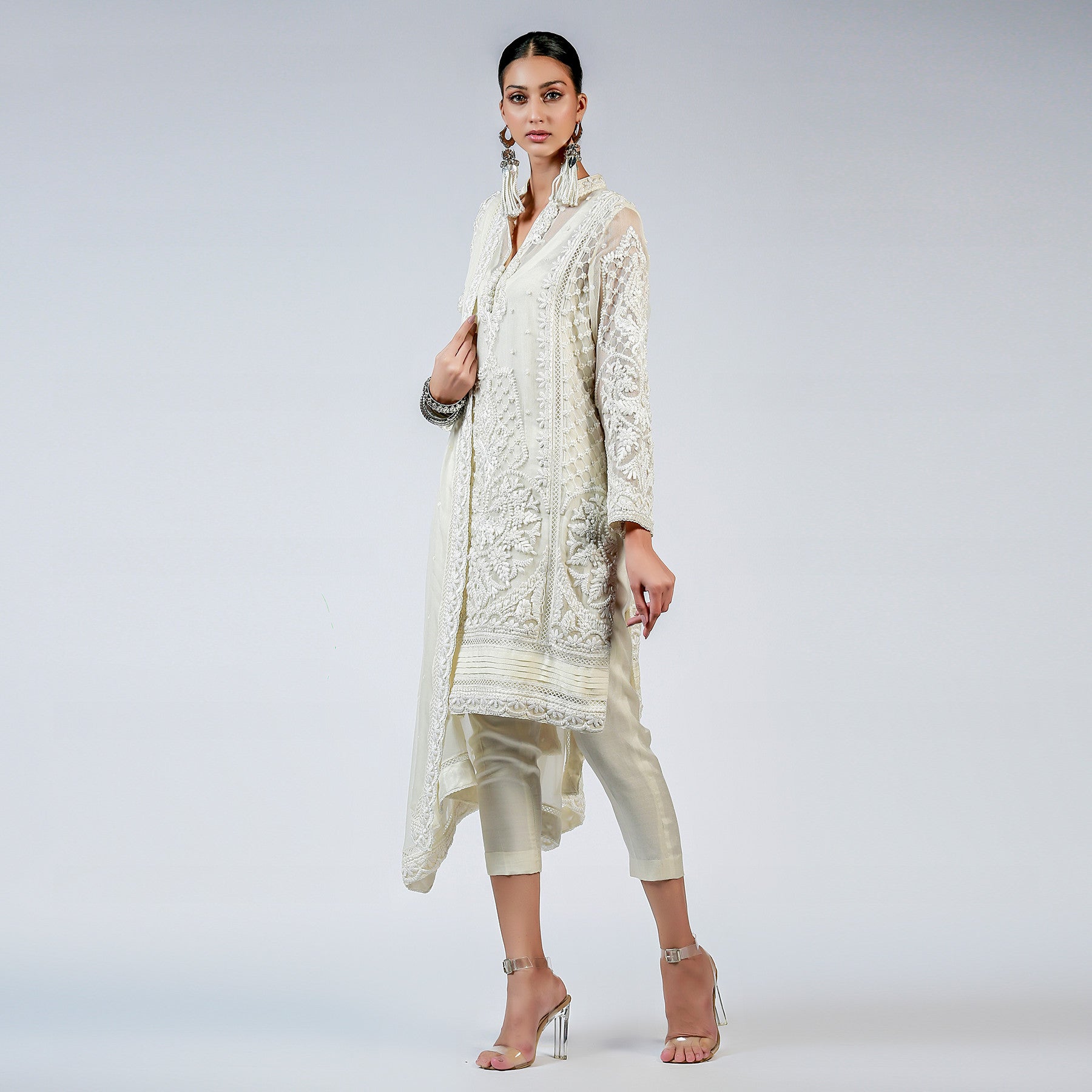 Ivory Ribbon and French Knot Embellished Kali kurta - Rizwan Beyg Design