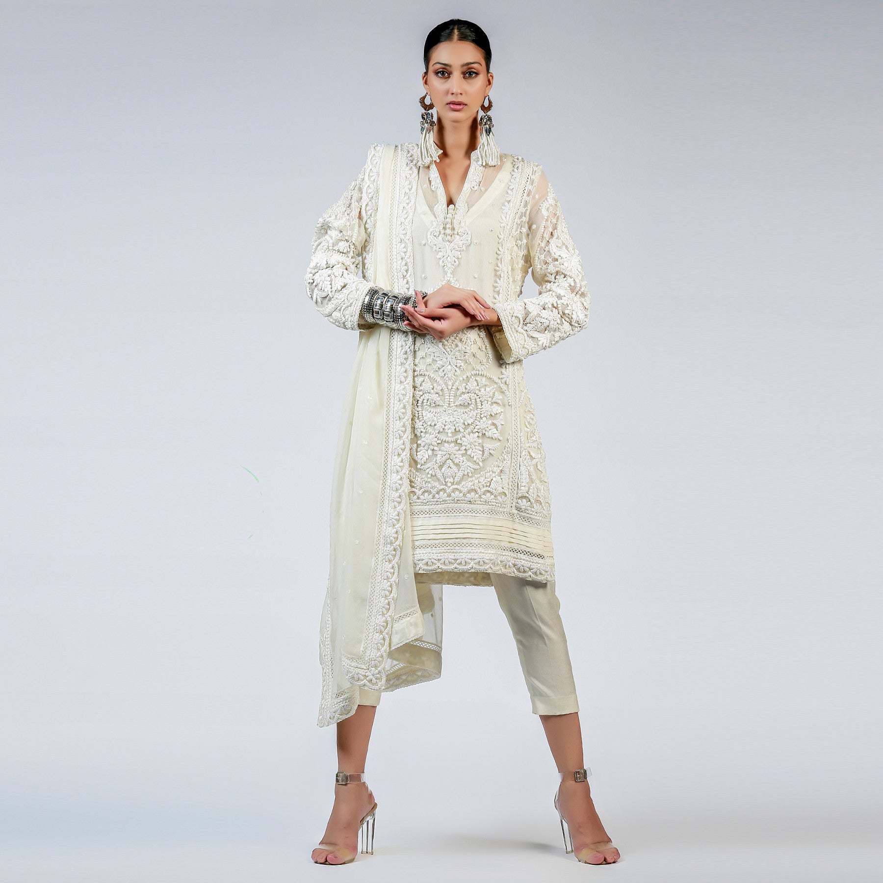 Ivory Ribbon and French Knot Embellished Kali kurta - Rizwan Beyg Design
