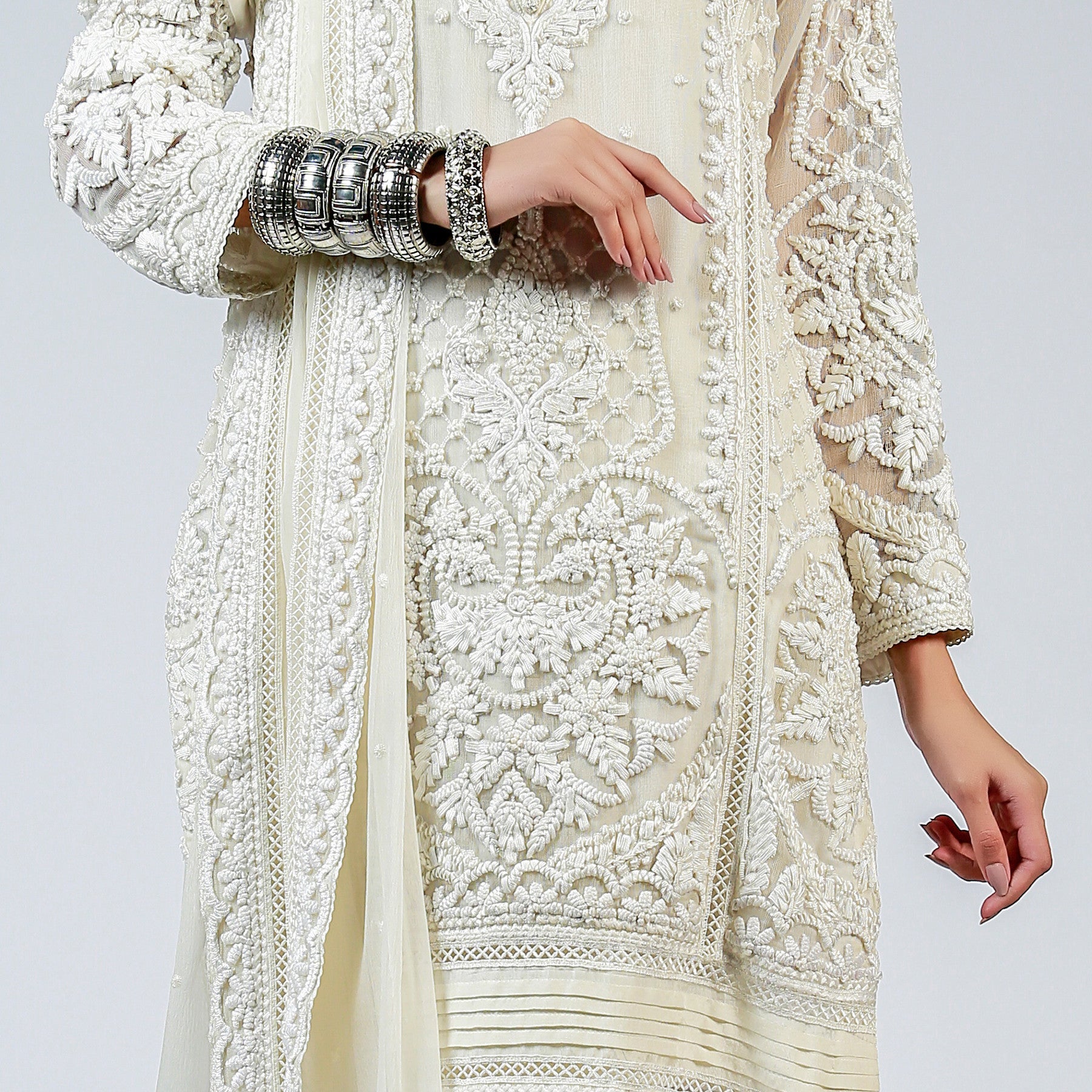 Ivory Ribbon and French Knot Embellished Kali kurta - Rizwan Beyg Design