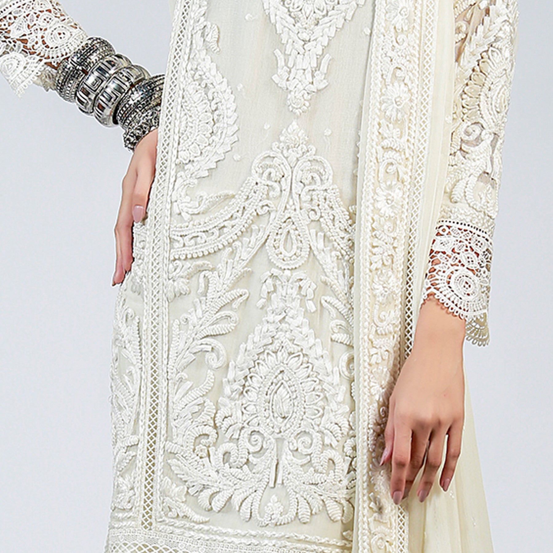 Ivory Swirls & Curls Shirt and Dupatta - Rizwan Beyg Design