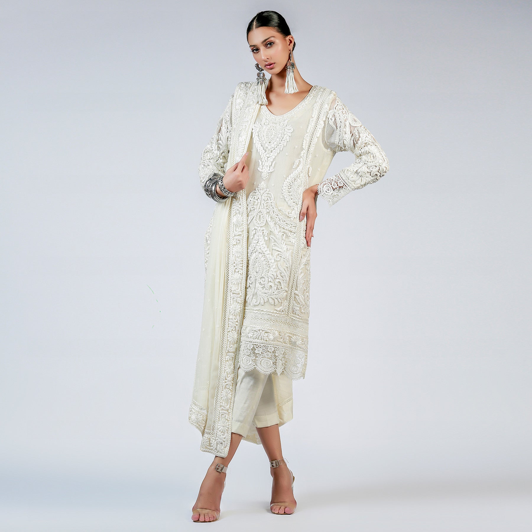 Ivory Swirls & Curls Shirt and Dupatta - Rizwan Beyg Design