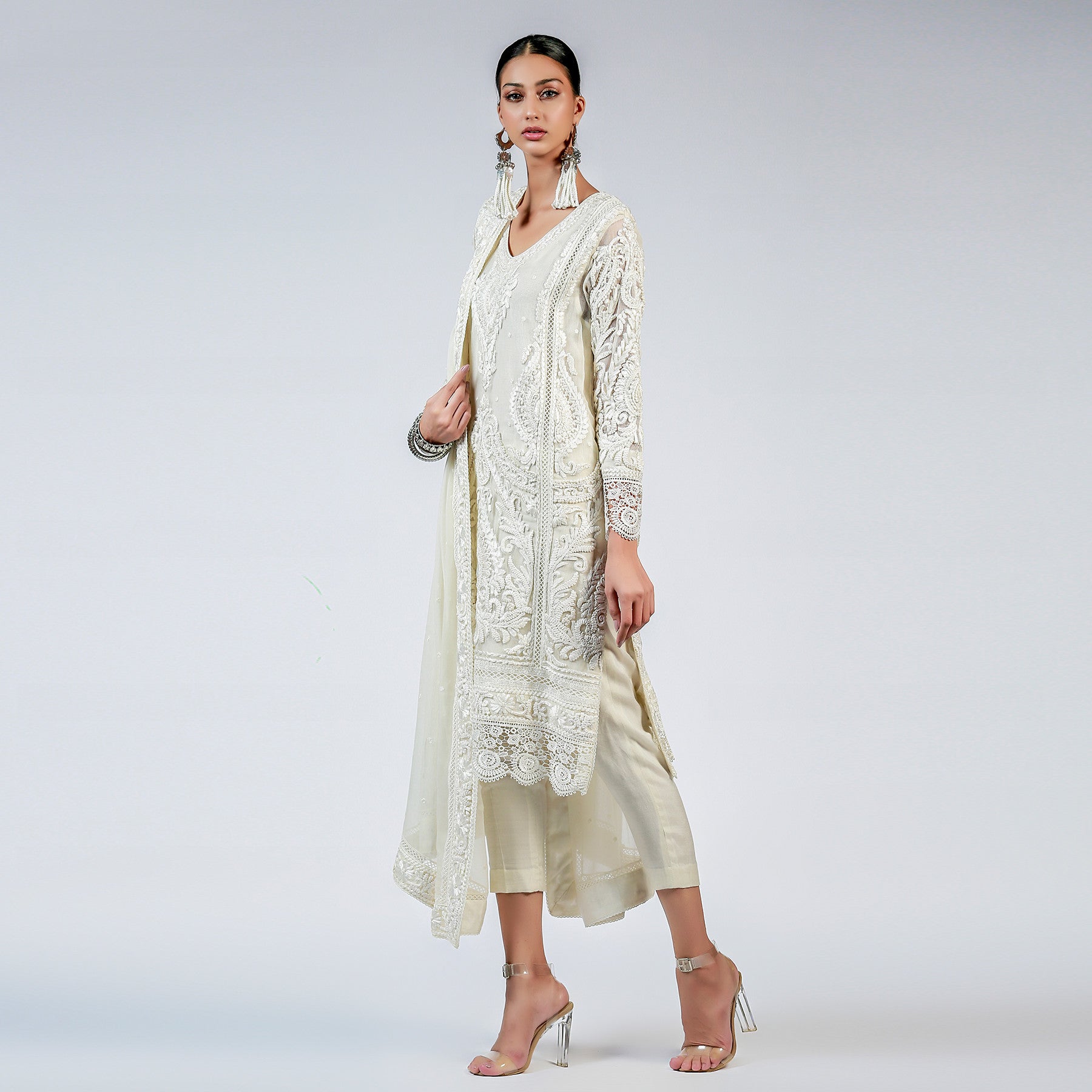 Ivory Swirls & Curls Shirt and Dupatta - Rizwan Beyg Design