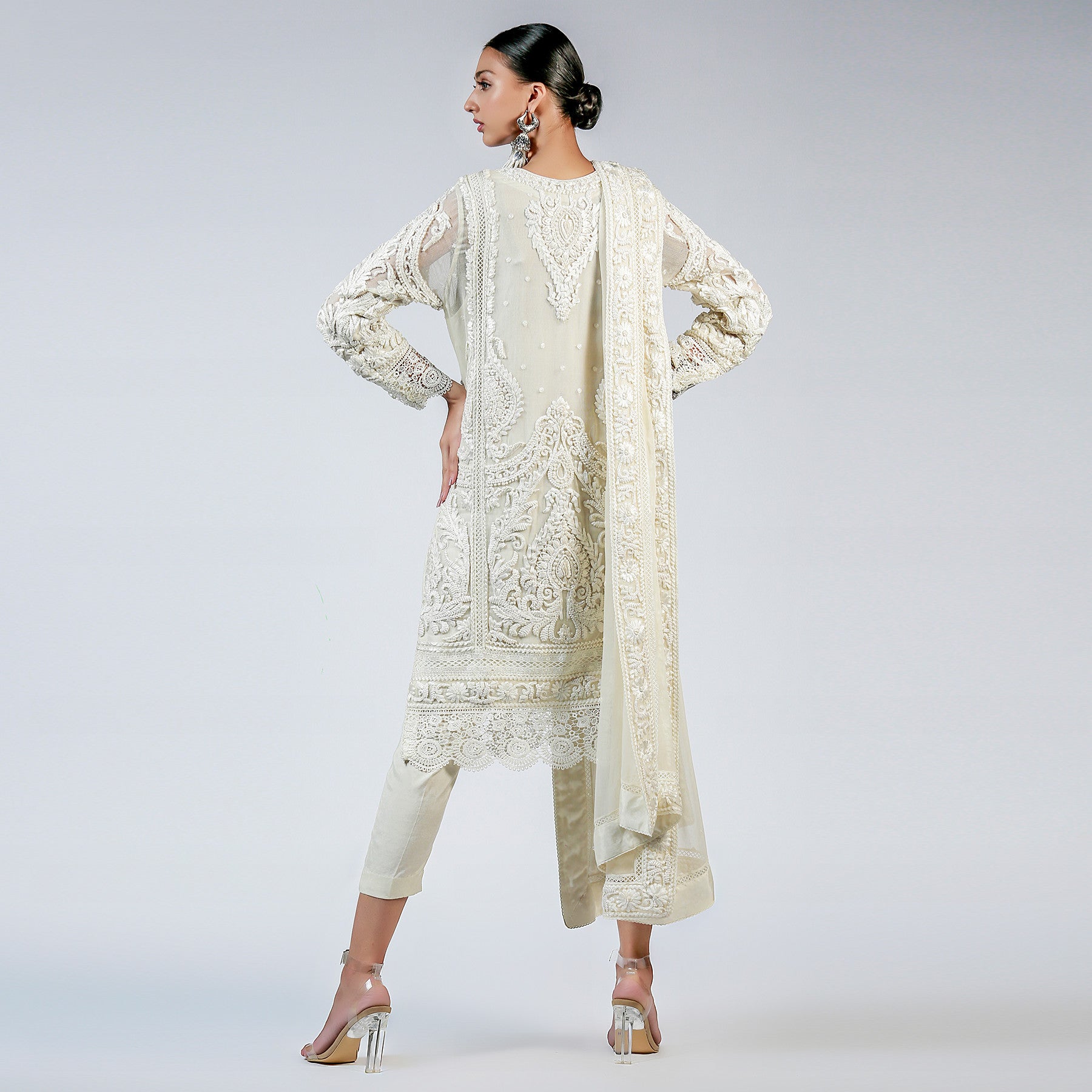 Ivory Swirls & Curls Shirt and Dupatta - Rizwan Beyg Design