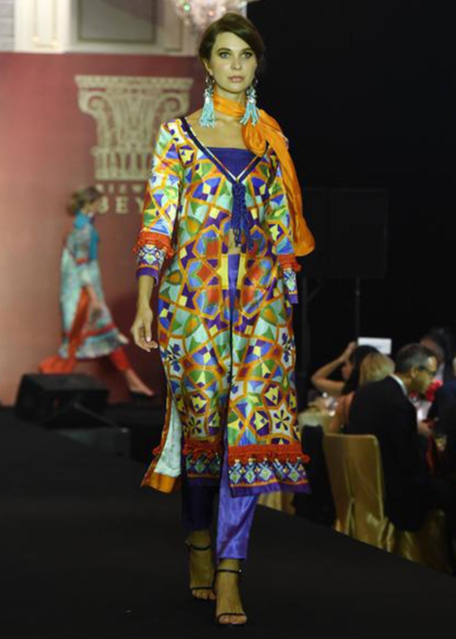 Long Printed Jacket With Blue Dori on Neck - Rizwan Beyg Design