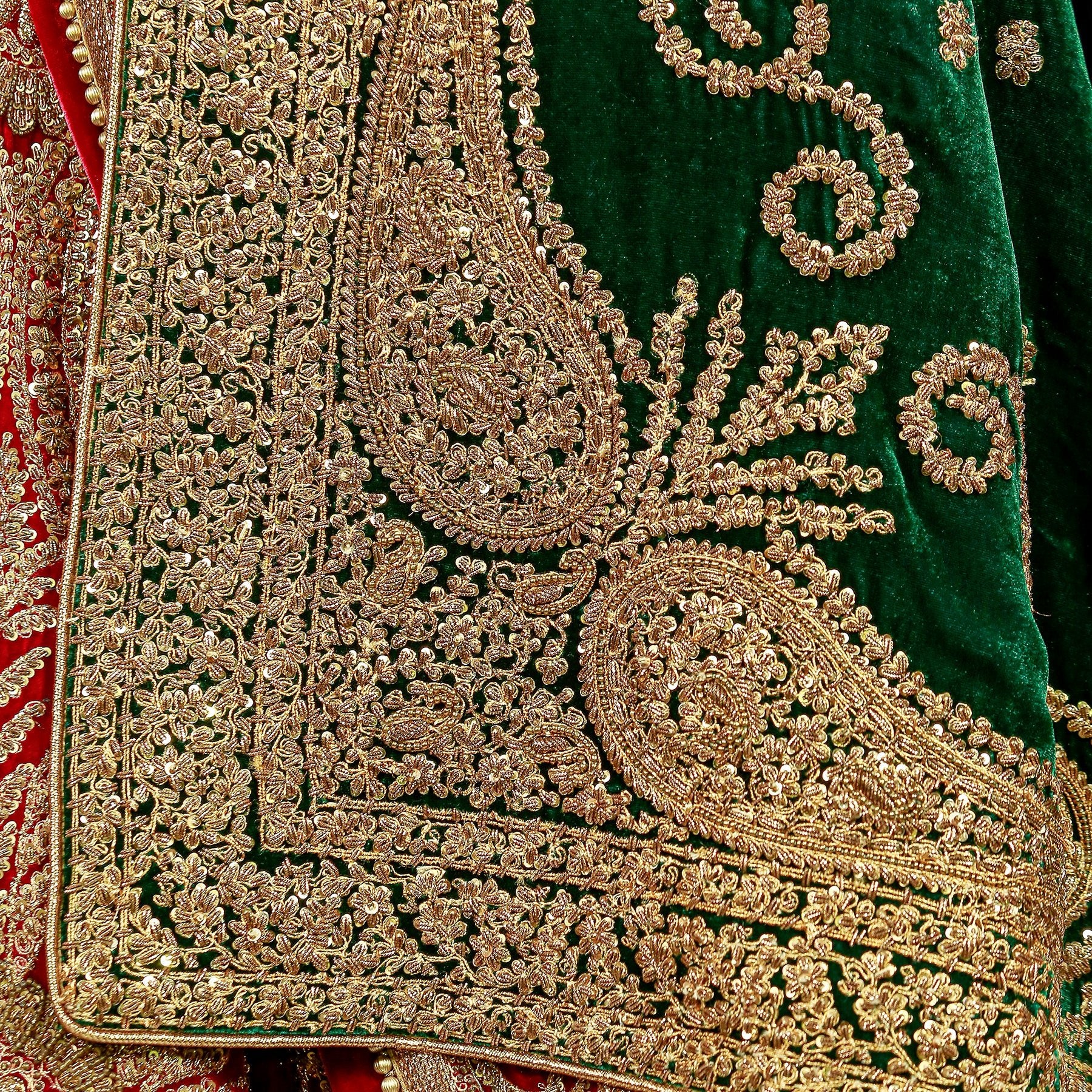 Memoni Naqushi Maroon Lehanga with Green Marori Choli & Shawl - Rizwan Beyg Design