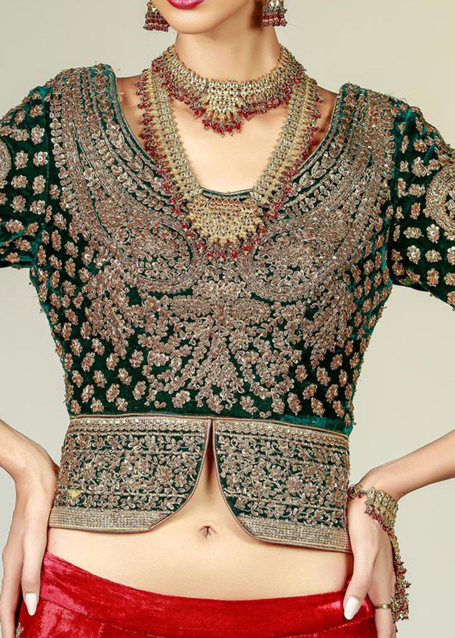 Memoni Naqushi Maroon Lehanga with Green Marori Choli & Shawl - Rizwan Beyg Design