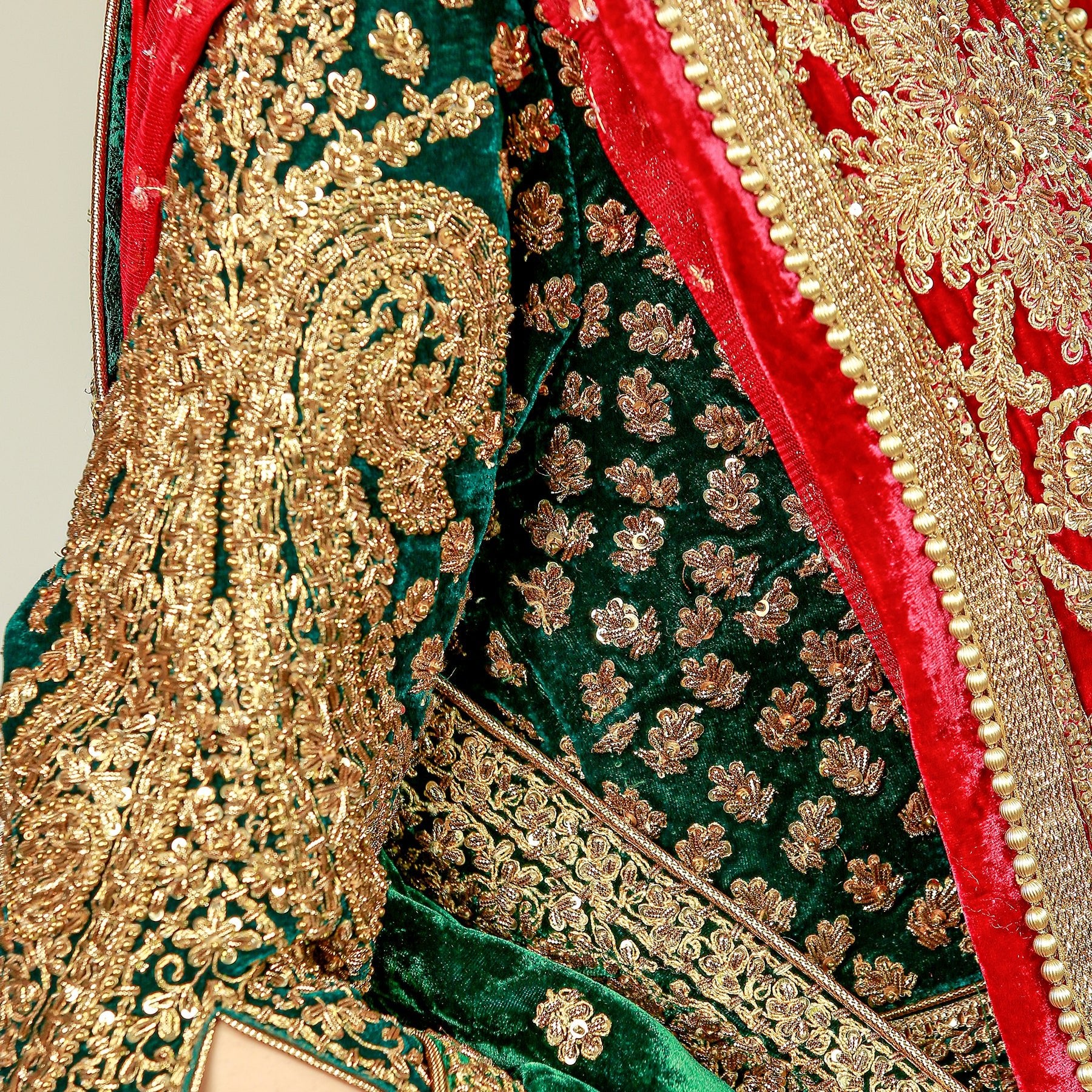 Memoni Naqushi Maroon Lehanga with Green Marori Choli & Shawl - Rizwan Beyg Design