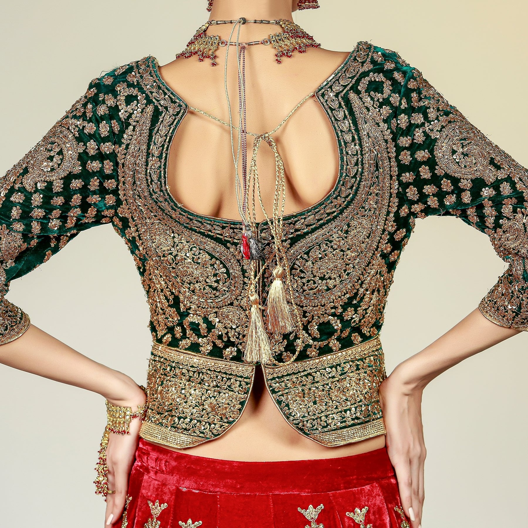 Memoni Naqushi Maroon Lehanga with Green Marori Choli & Shawl - Rizwan Beyg Design