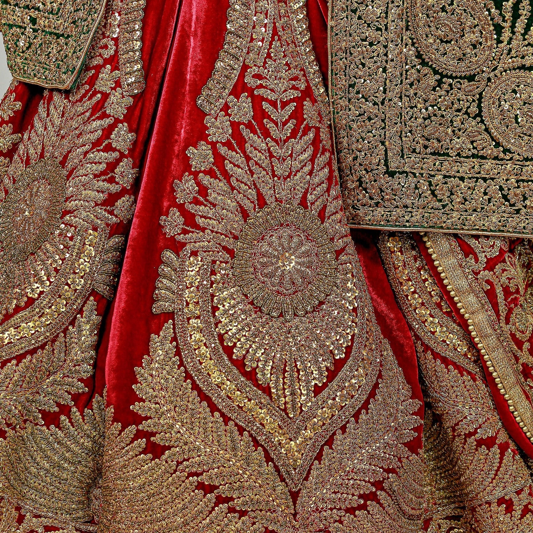 Memoni Naqushi Maroon Lehanga with Green Marori Choli & Shawl - Rizwan Beyg Design