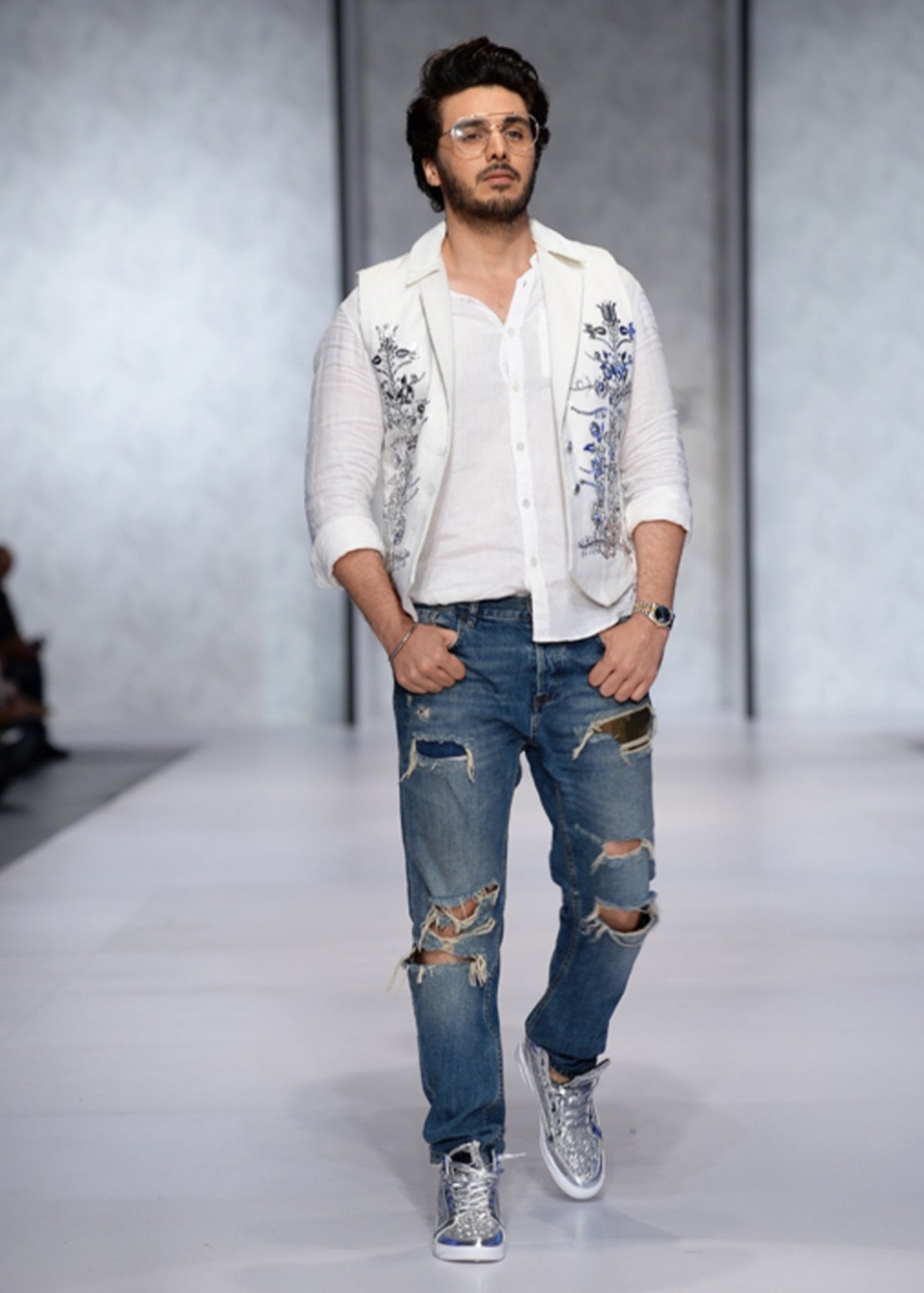 Men's White Waistcoat with Silver - work - Rizwan Beyg Design