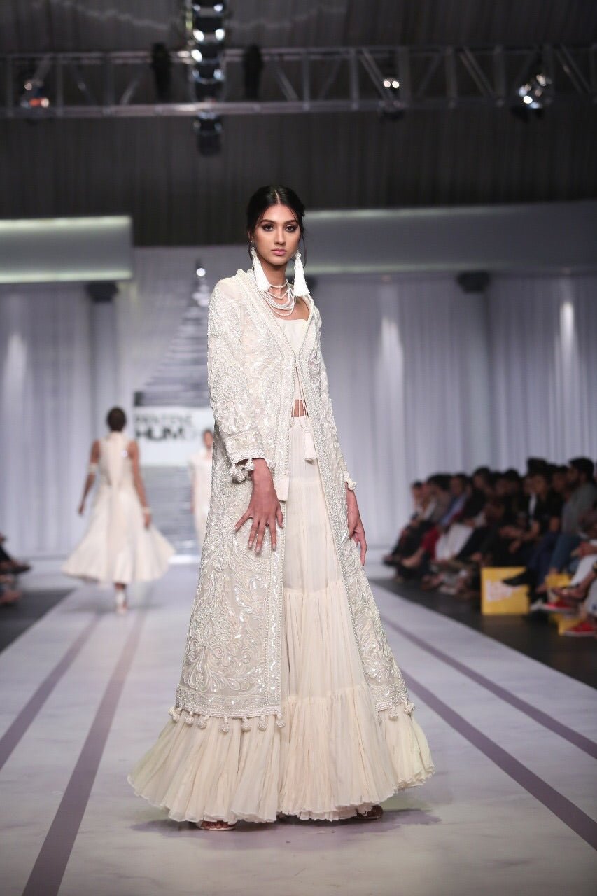 Off-White Long Dress with Pom-Pom Lace