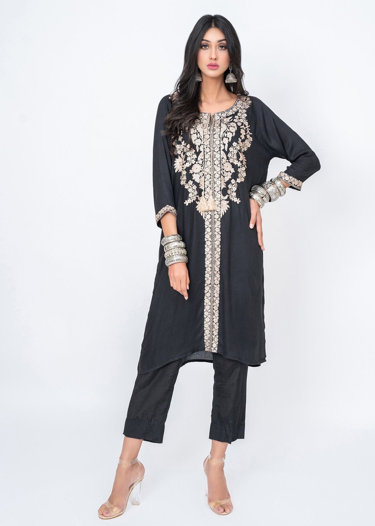 Petria Black with Champagne Zari Embroidery Top - Rizwan Beyg Design