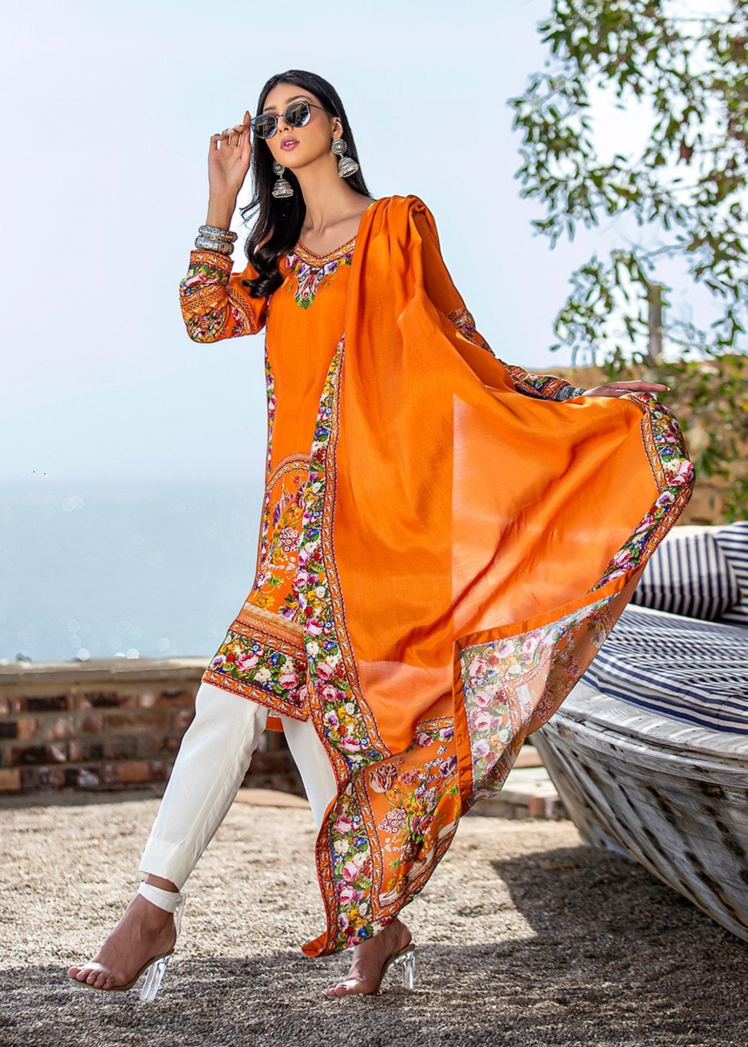 Renaissance Garlands on printed Orange Shirt & Dupatta - Rizwan Beyg Design