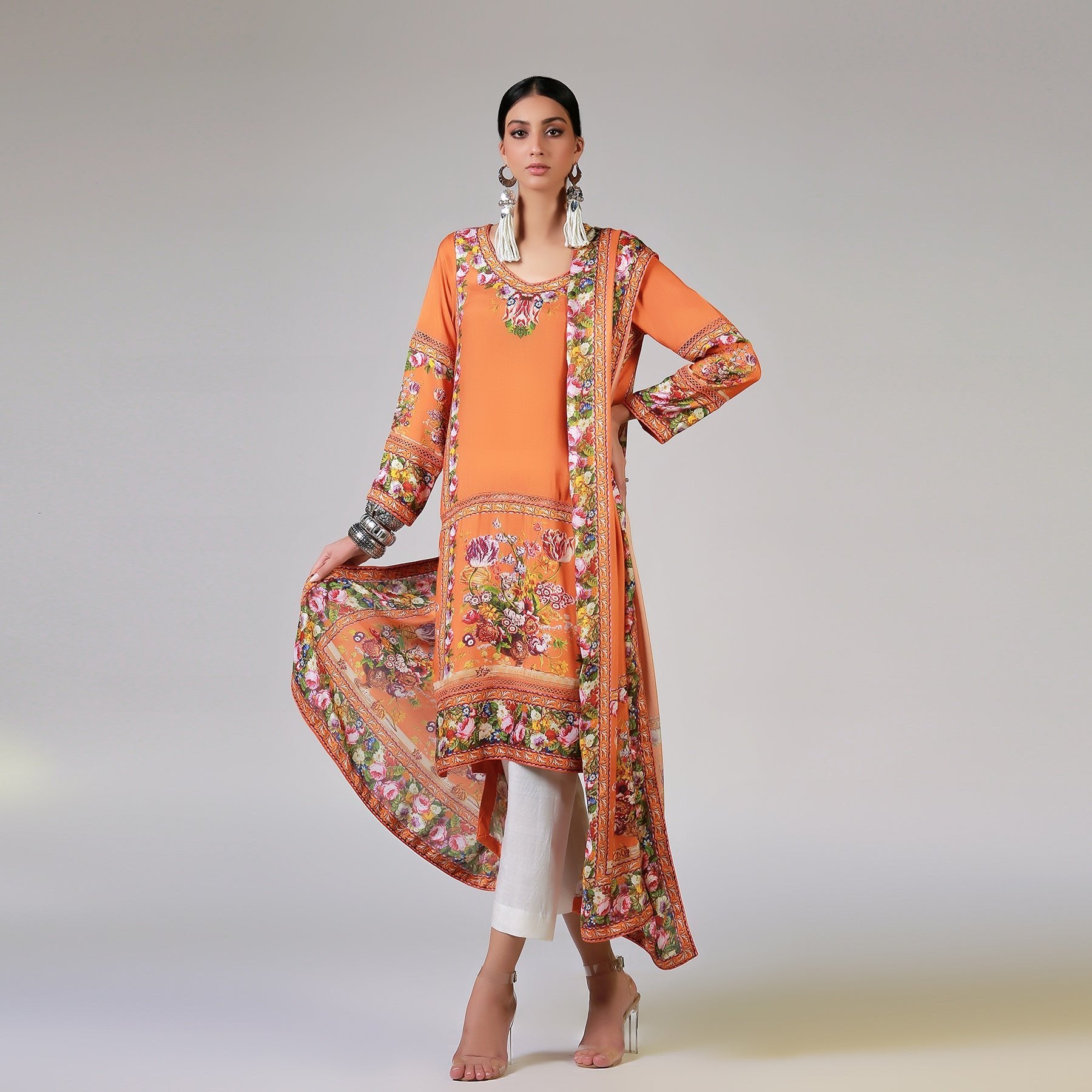 Renaissance Garlands on printed Orange Shirt & Dupatta - Rizwan Beyg Design