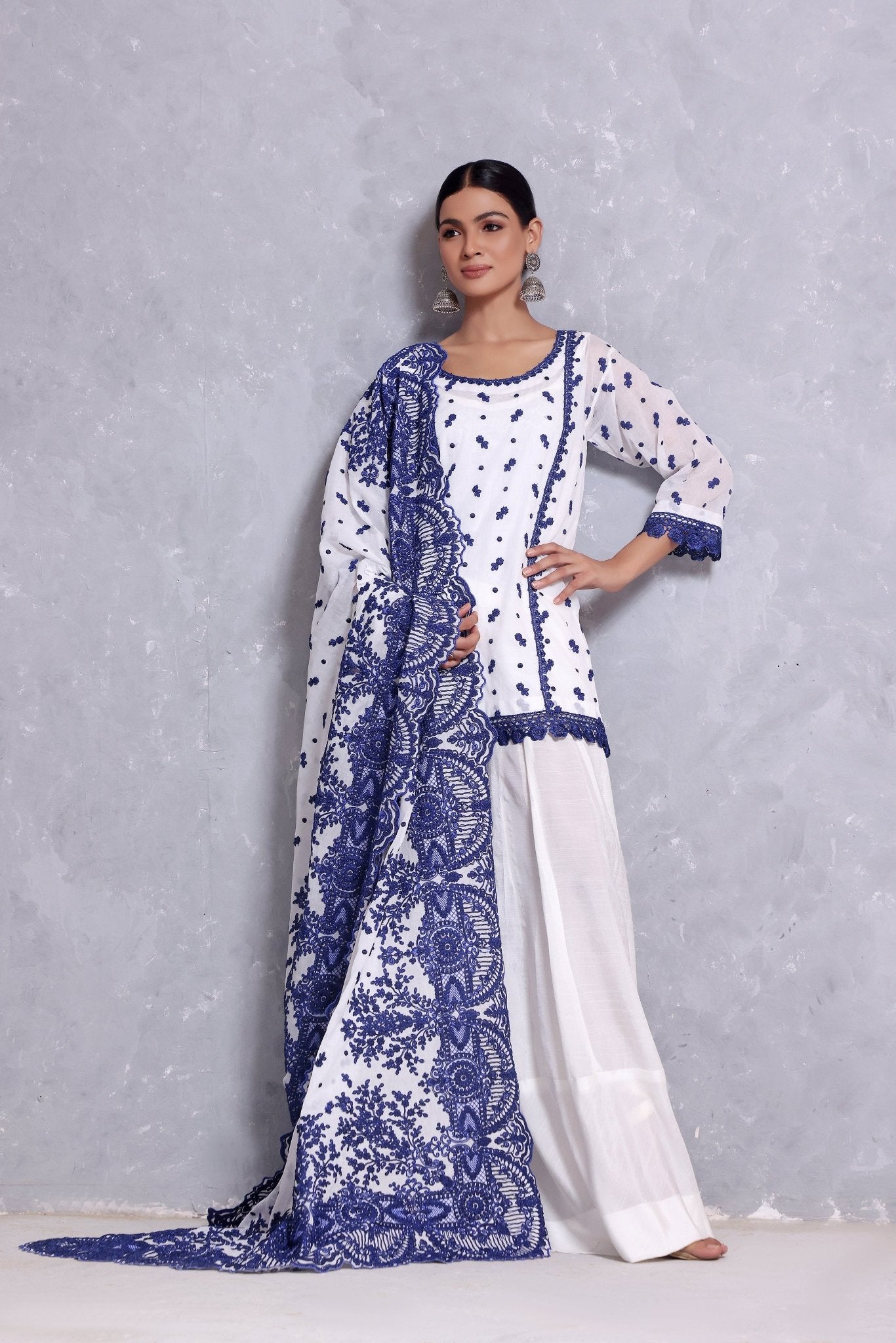 Serafina Blue On White Shawl - Rizwan Beyg Design