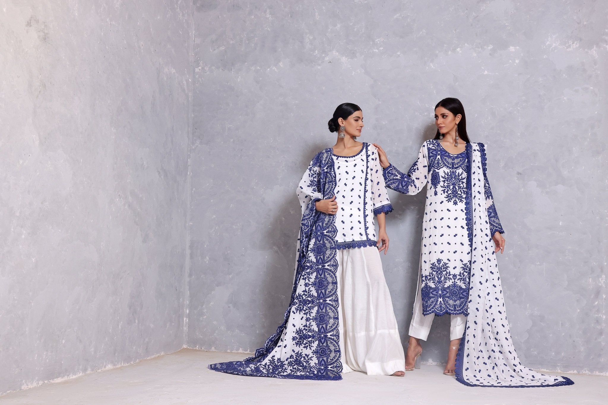 Serafina Blue On White Shawl - Rizwan Beyg Design