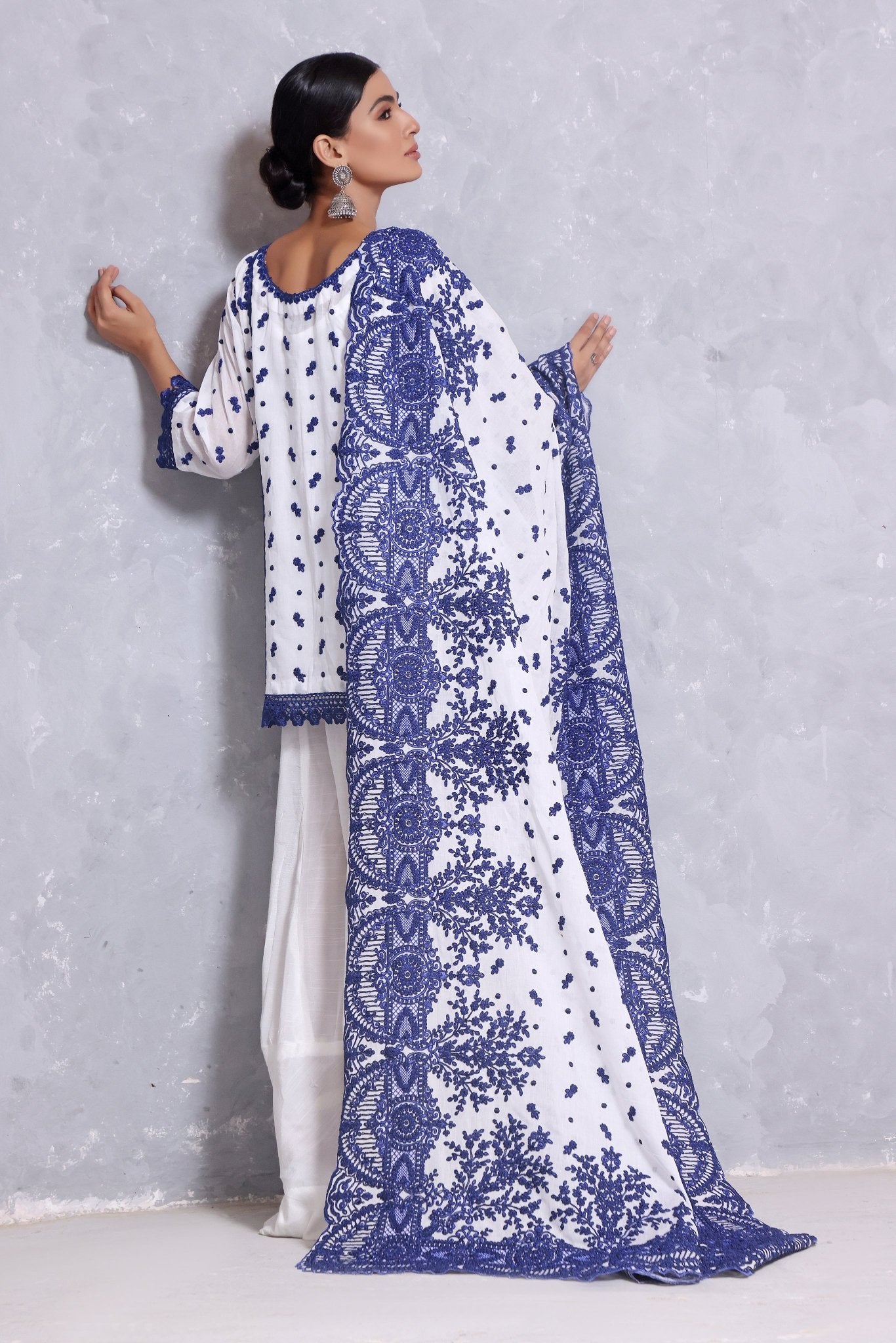 Serafina Blue On White Shawl - Rizwan Beyg Design