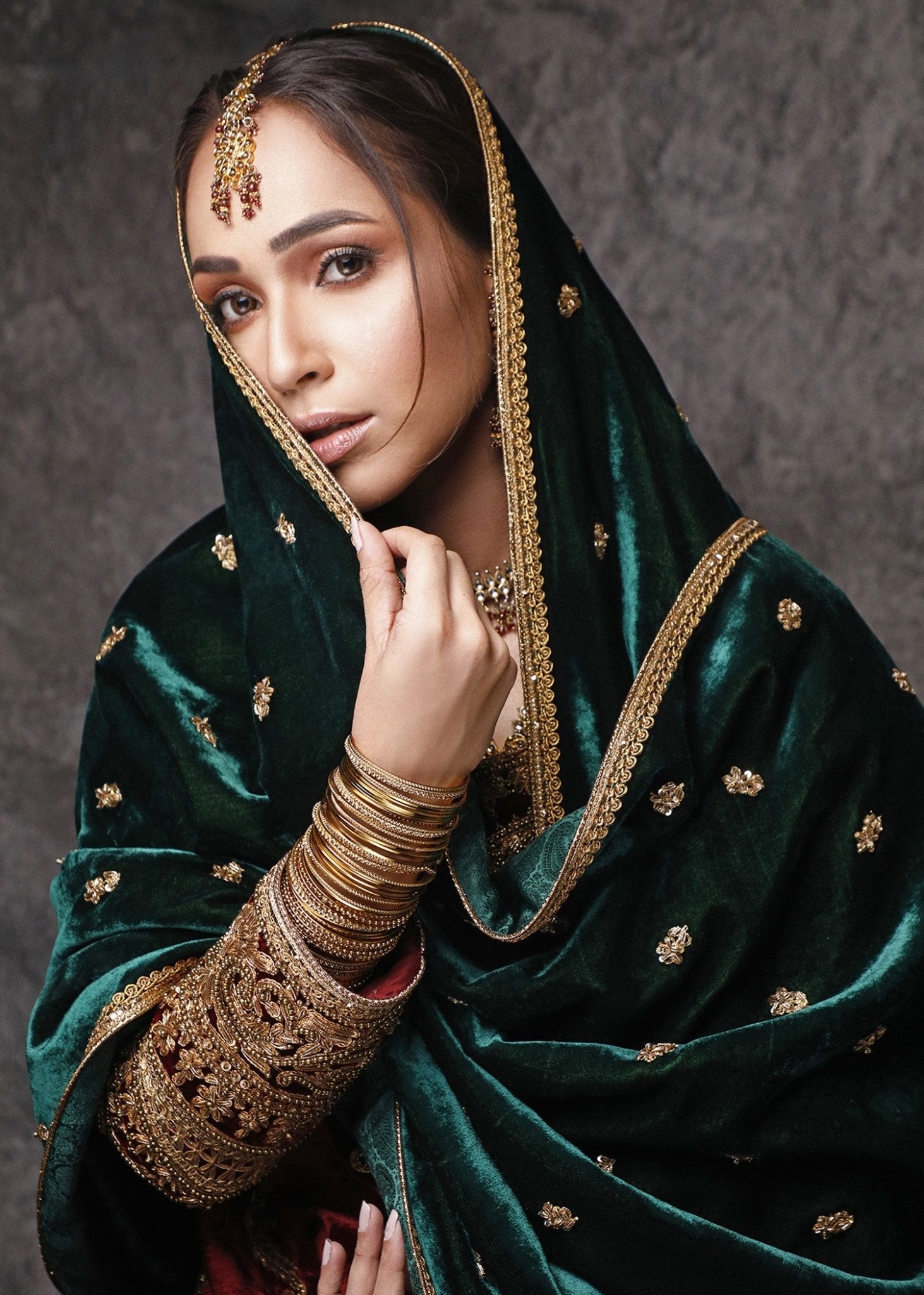 Shahbano Gold Dori Embroidered Red Velvet Long Shirt - Rizwan Beyg Design