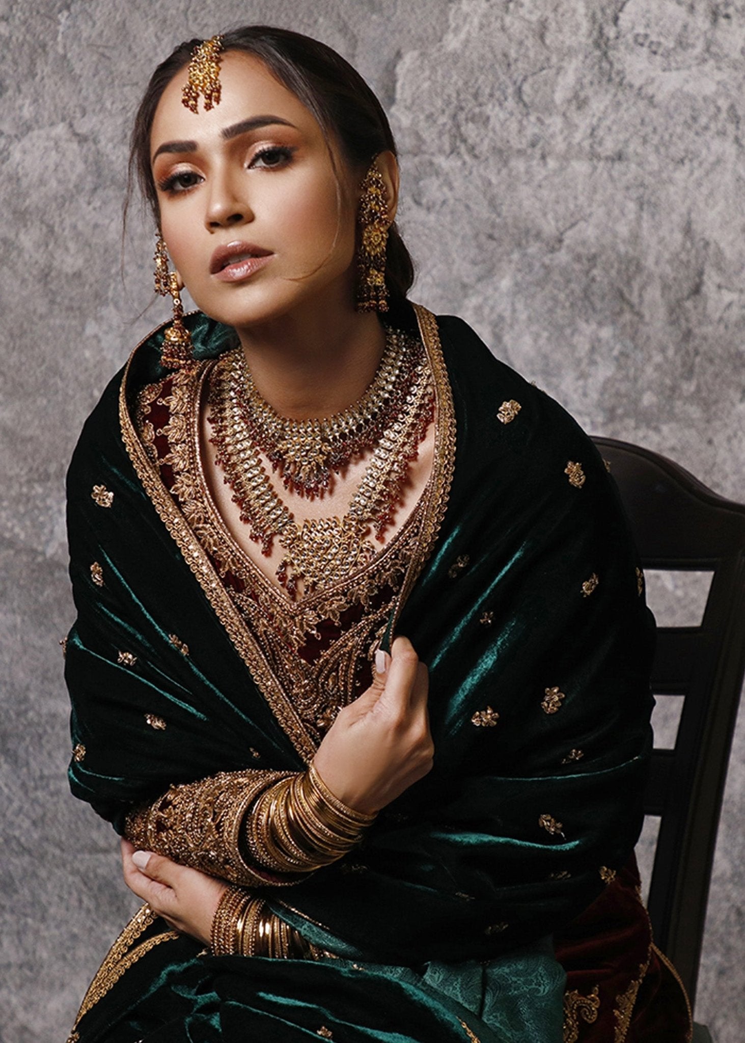 Shahbano Gold Dori Embroidered Red Velvet Long Shirt - Rizwan Beyg Design