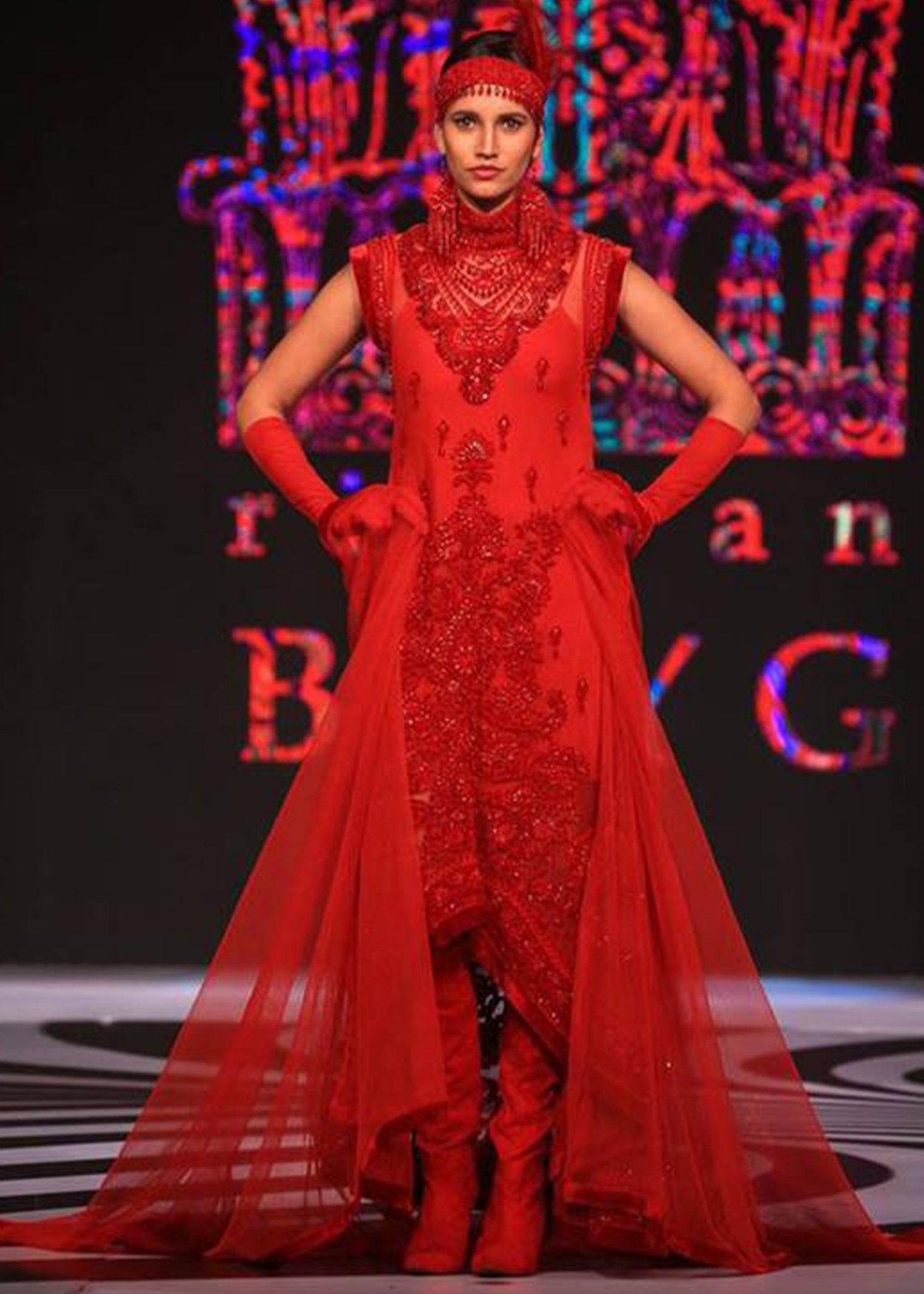 Short - Sleeved Embroidered Gown with Net Trail, worn with Trousers - Rizwan Beyg Design