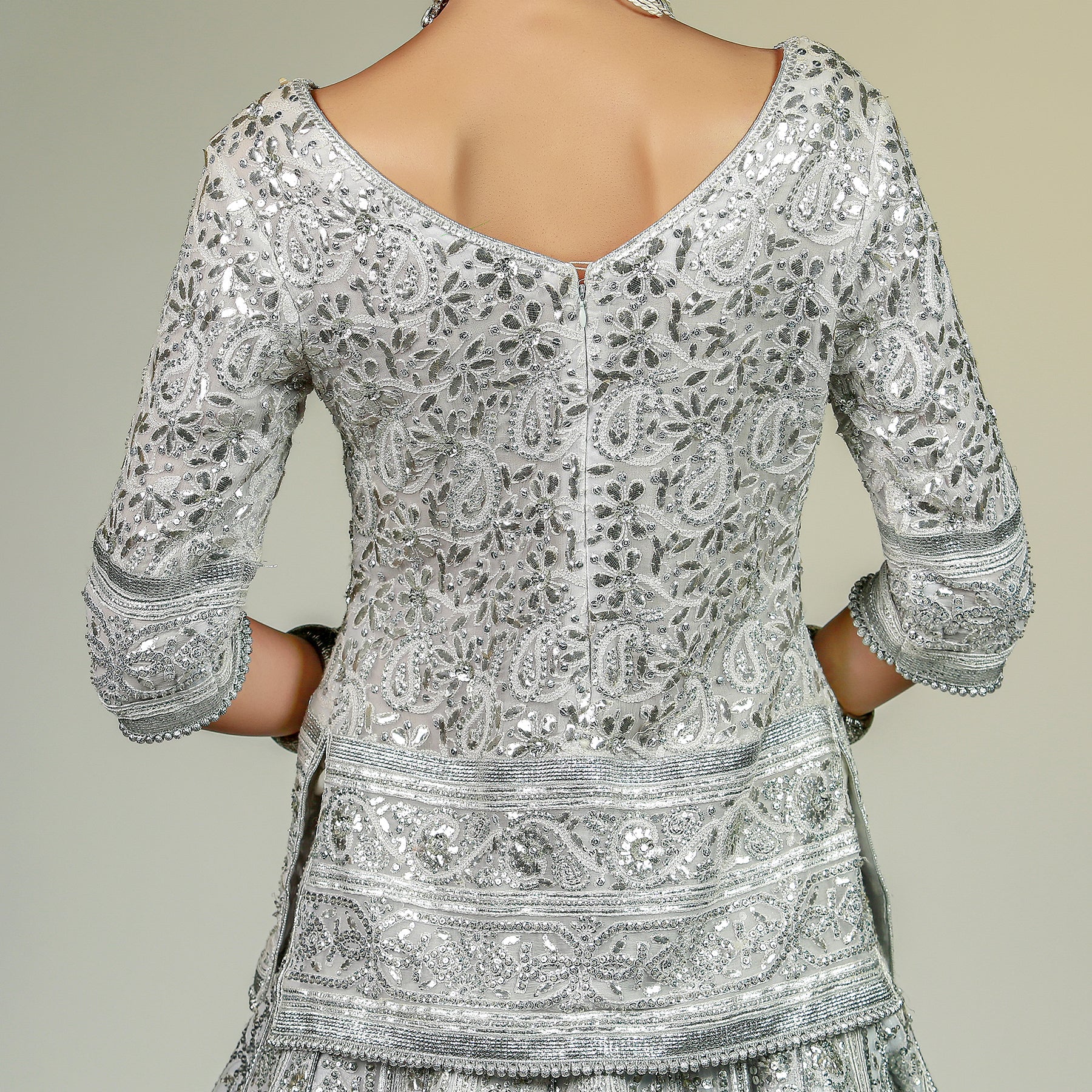 Sky Blue Lehenga, Choli and Dupatta embellished with Silver Gota - work - Rizwan Beyg Design