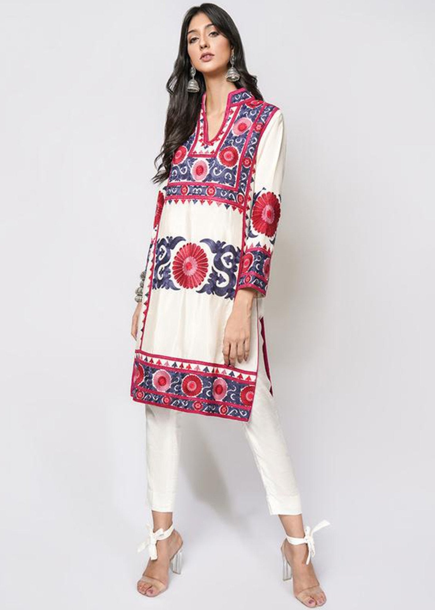 Suzani Silk Floss Embroidered White Top - Rizwan Beyg Design