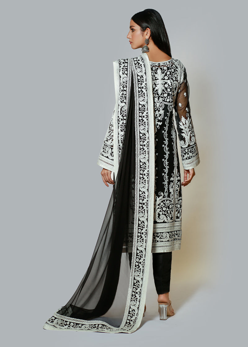White on Black Cotton Chikankari Kali Kurta & Dupatta