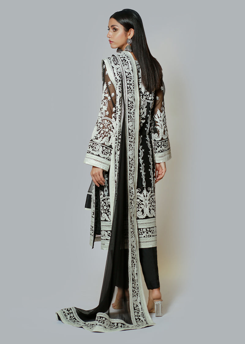 White on Black Cotton Chikankari Kali Kurta & Dupatta