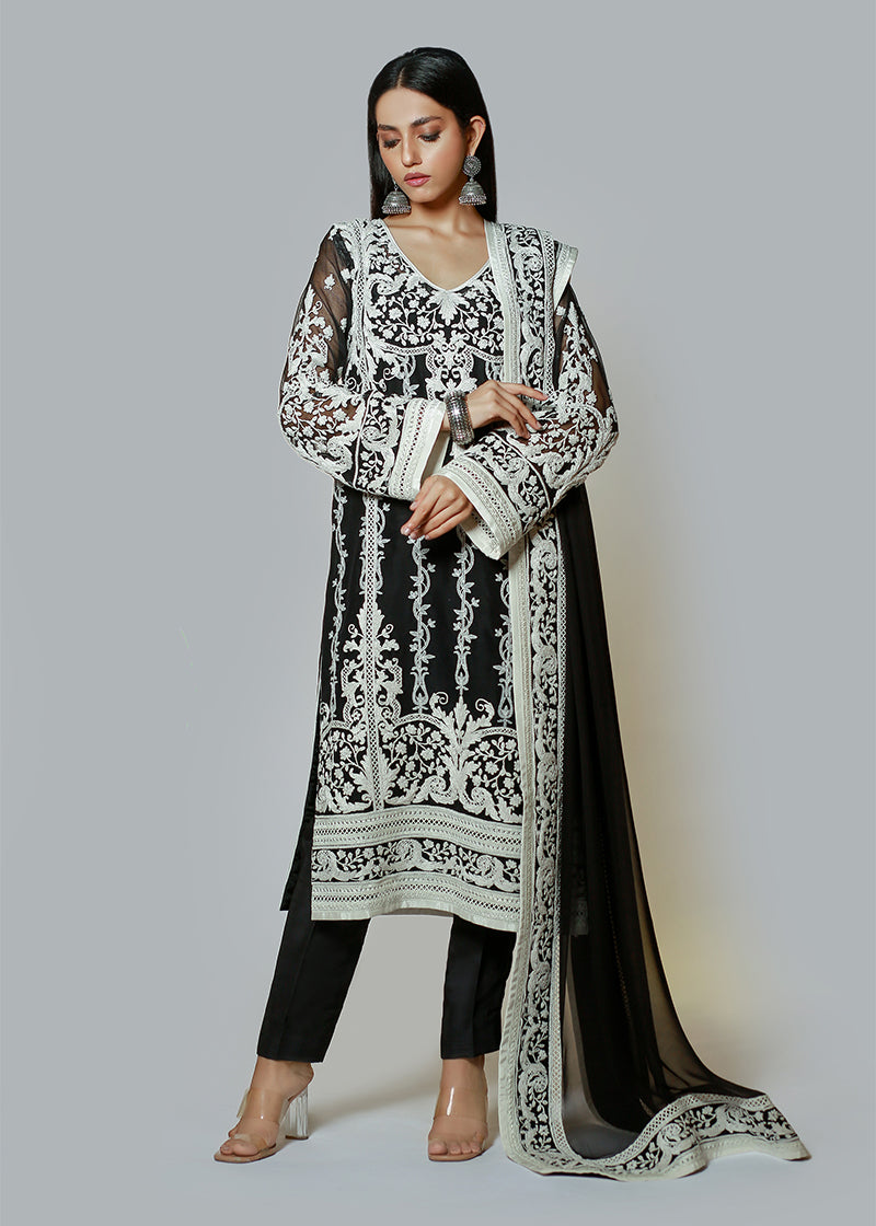 White on Black Cotton Chikankari Kali Kurta & Dupatta