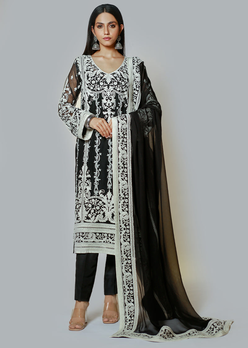 White on Black Cotton Chikankari Kali Kurta & Dupatta
