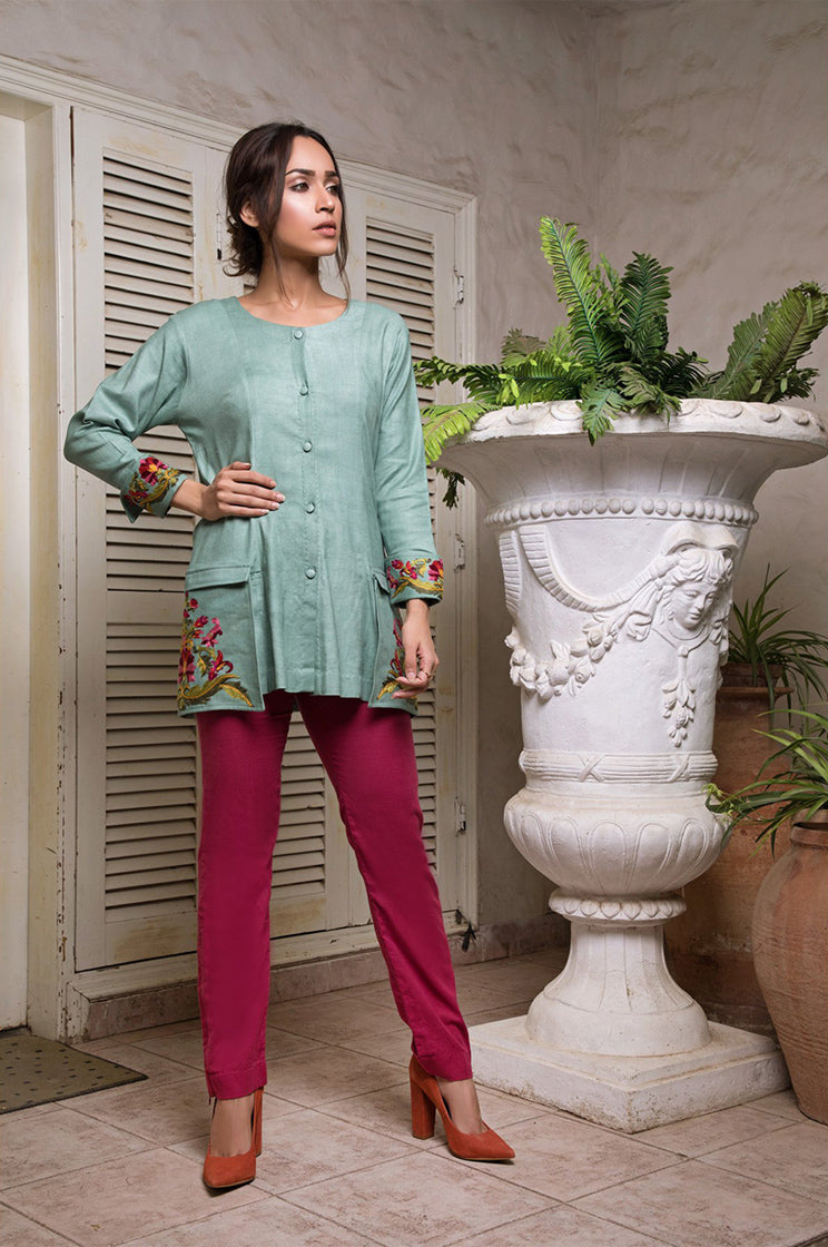 Casual Jacket with Embroidered Pockets and Sleeves