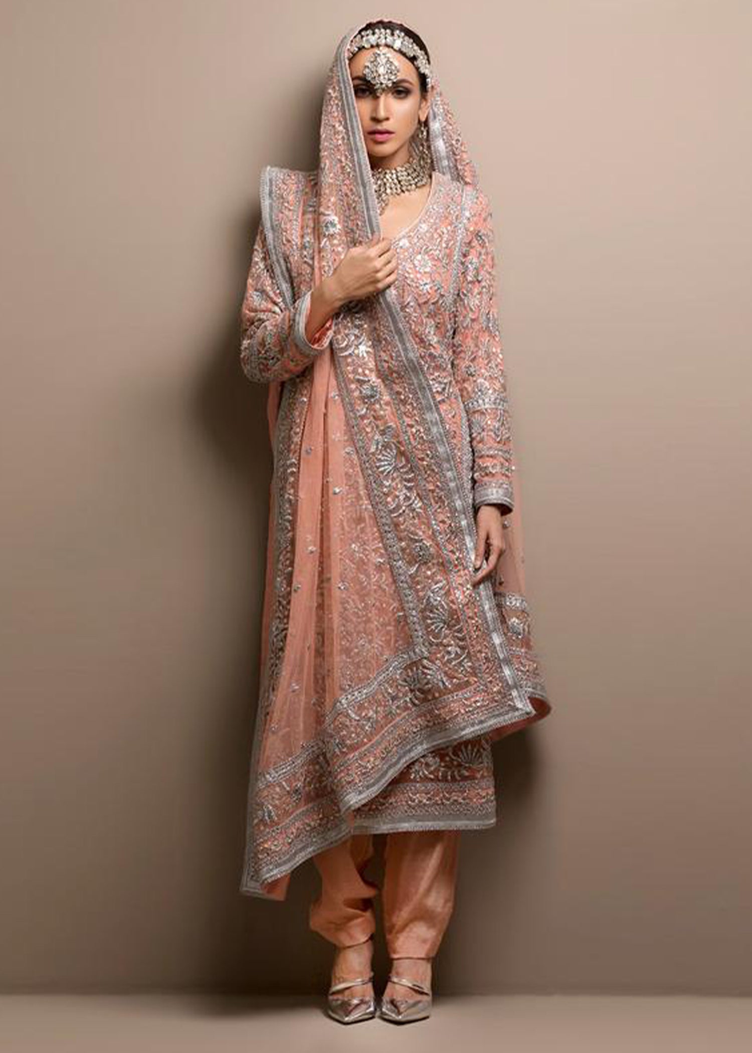 Pink Long Kurta, Trouser and Dupatta with Silver Gara Embroidery