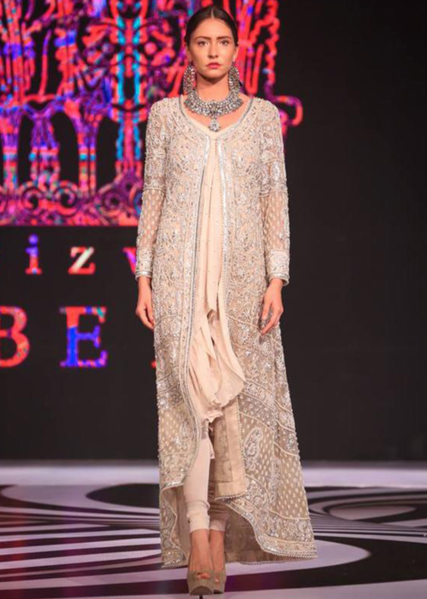 Long Embroidered Coat with Handkerchief Slip and Pencil Trousers