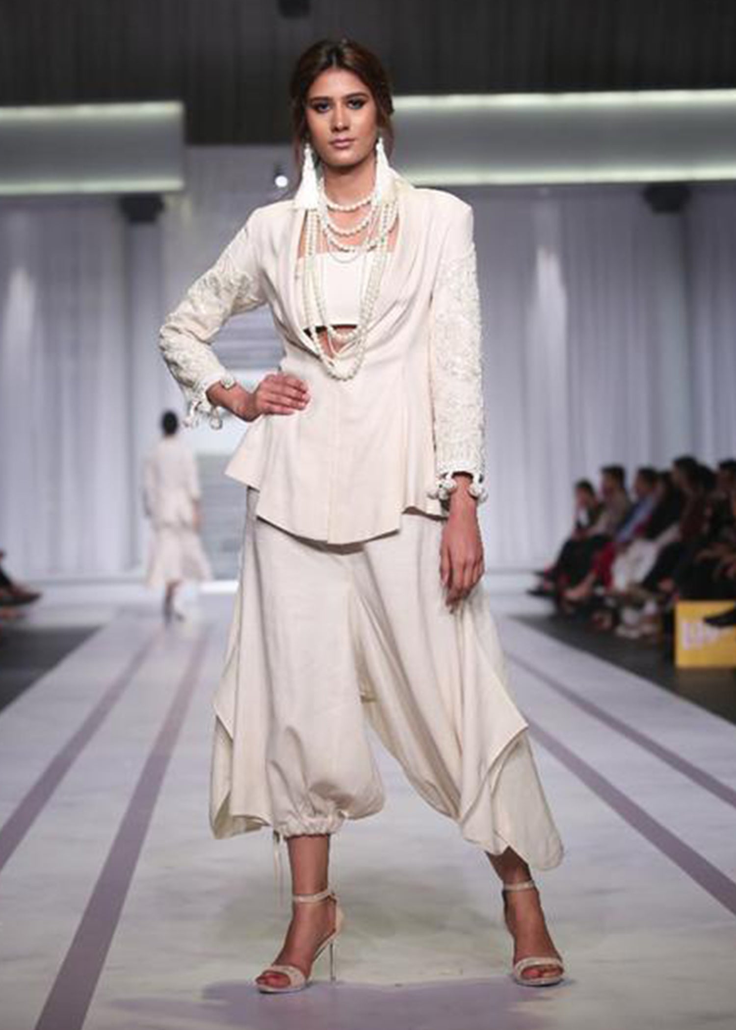 Deep Neck Jacket with Embroidered Sleeves and Cowl Pants