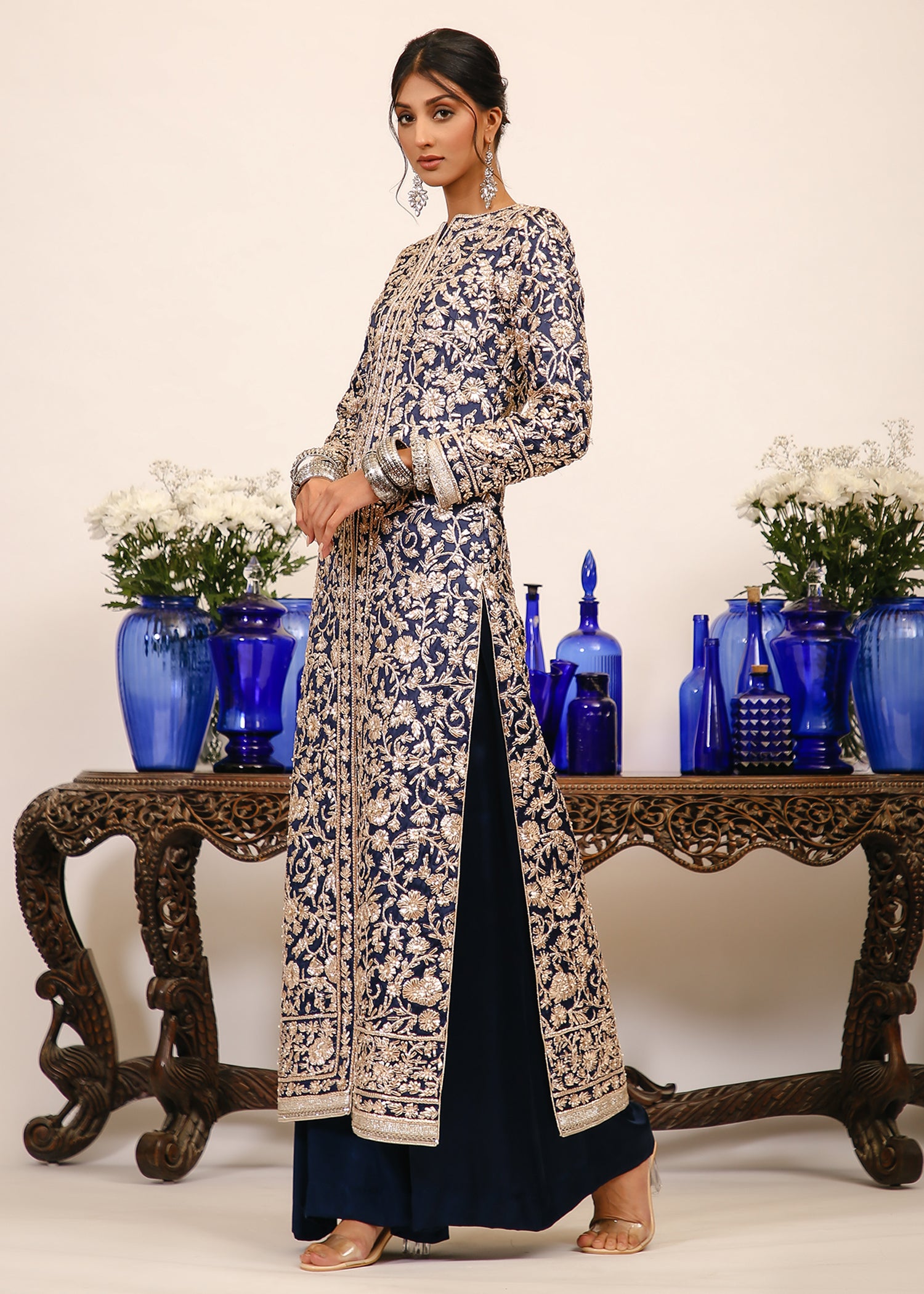 blue silk embroidered coat | luxury formals wedding wear by Rizwan Beyg