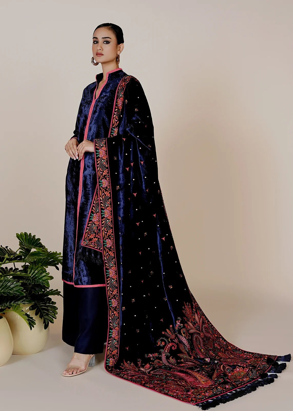 Amayal Blue Velvet Shawl - Rizwan Beyg Design