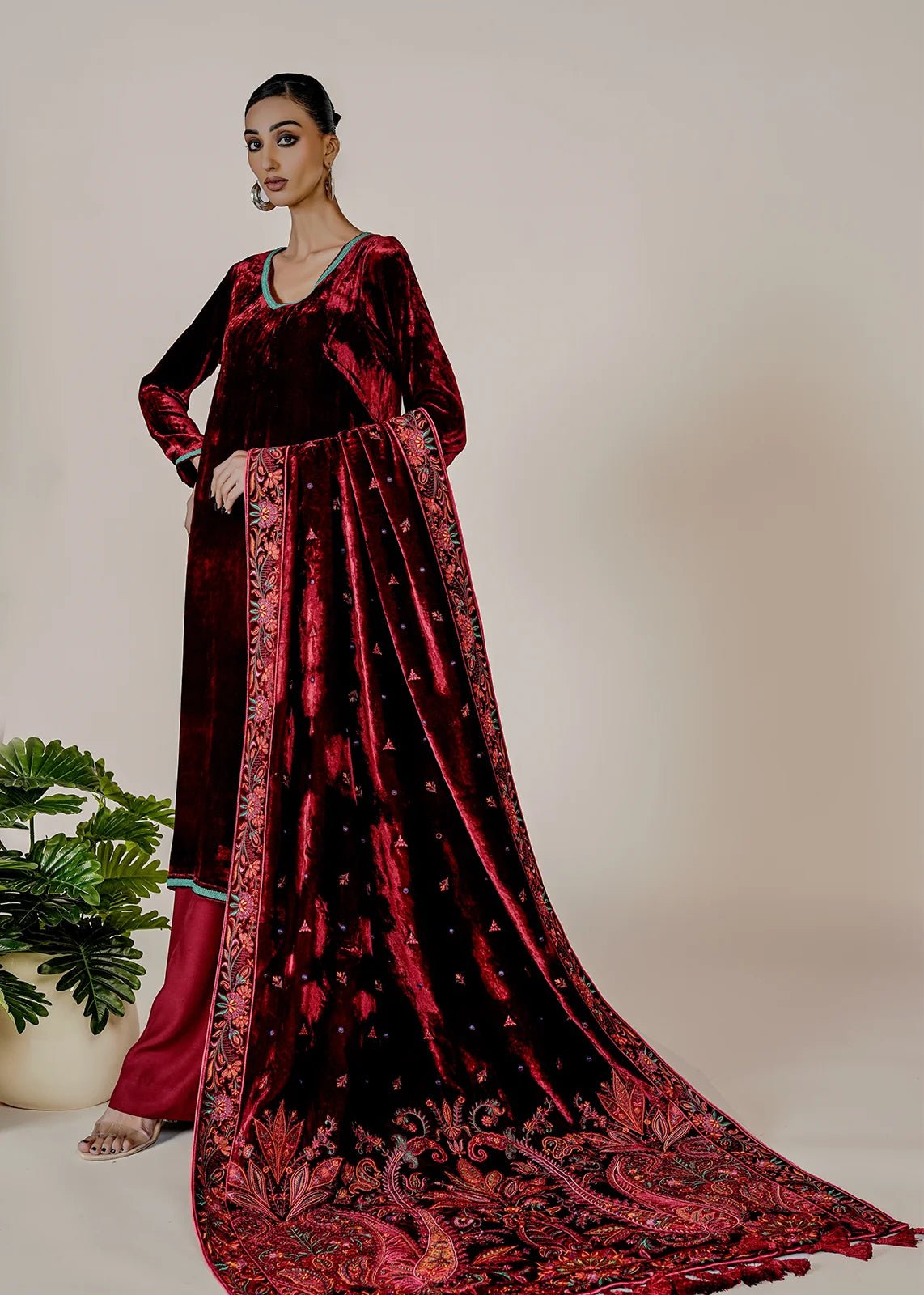 Amayal Maroon Velvet Shawl & Shirt - Rizwan Beyg Design