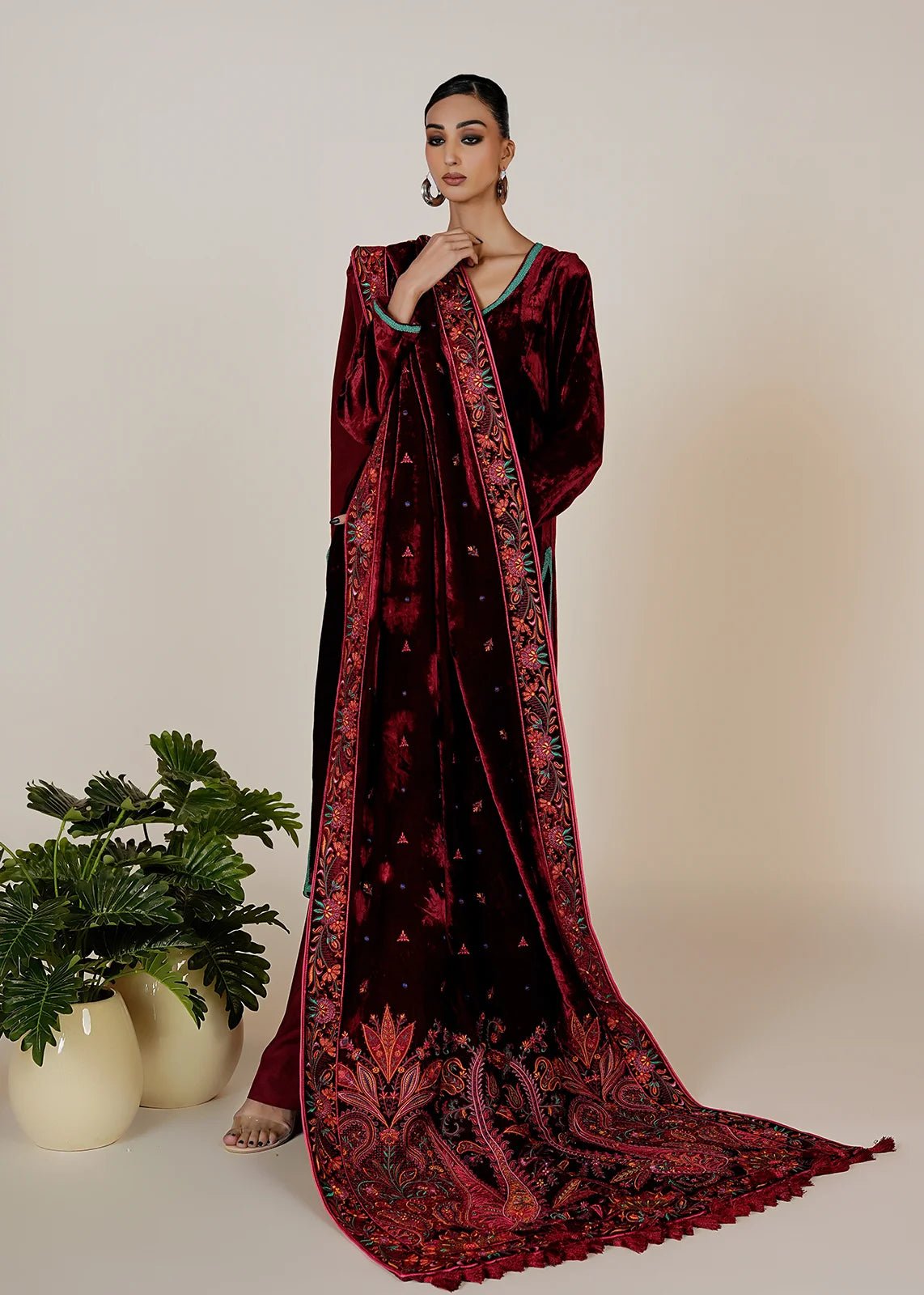 Amayal Maroon Velvet Shawl & Shirt - Rizwan Beyg Design