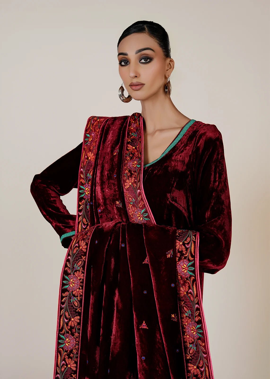 Amayal Maroon Velvet Shawl & Shirt - Rizwan Beyg Design