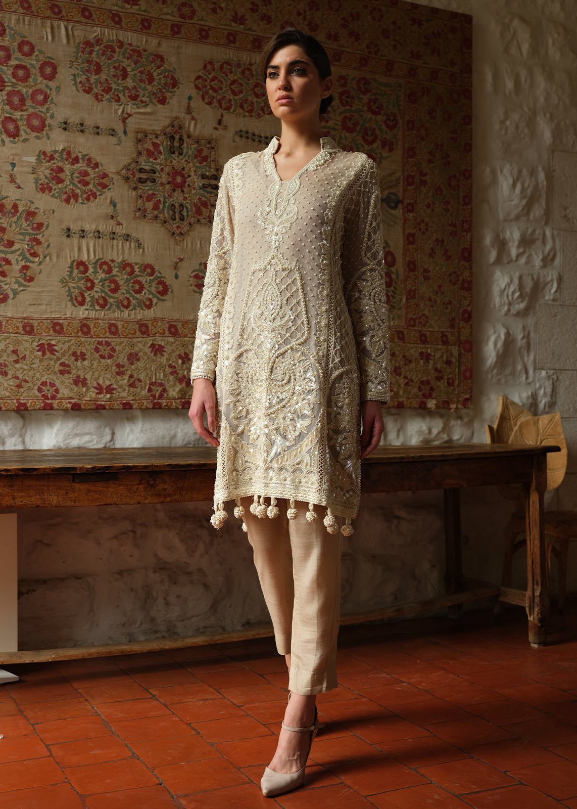 Beige Pearls Kali Kurta - Rizwan Beyg Design