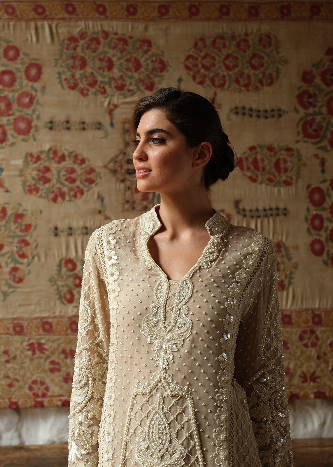 Beige Pearls Kali Kurta - Rizwan Beyg Design