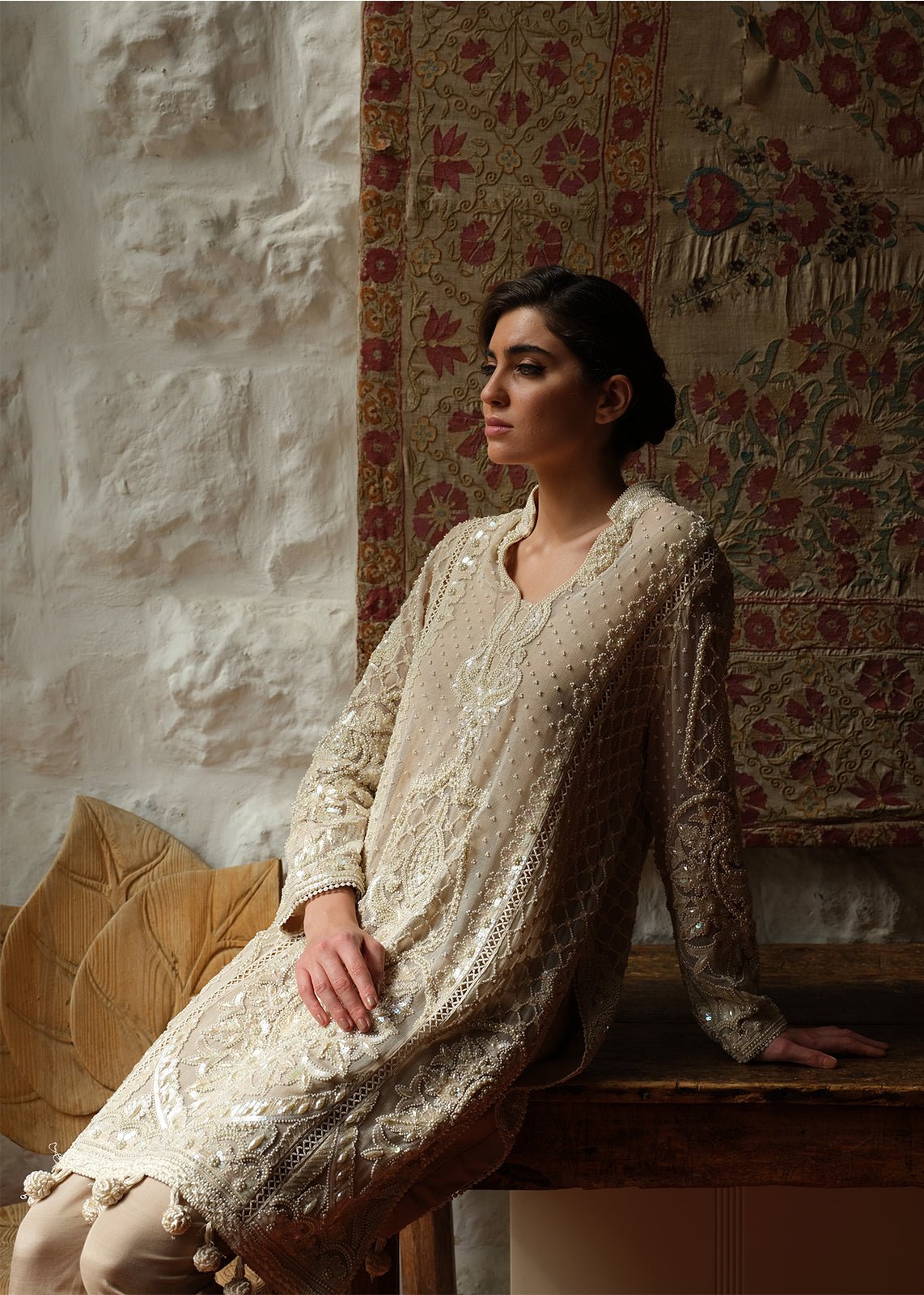 Beige Pearls Kali Kurta - Rizwan Beyg Design