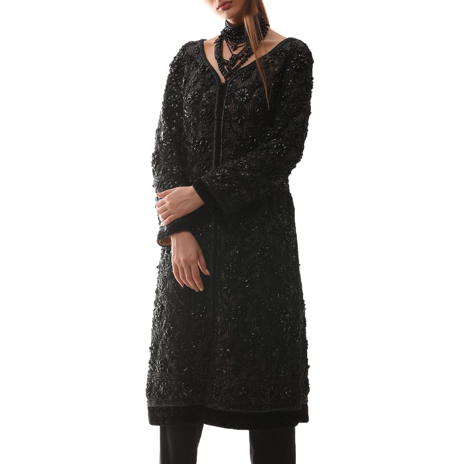 Black Beaded Swarovski Crystals Coat - Rizwan Beyg Design