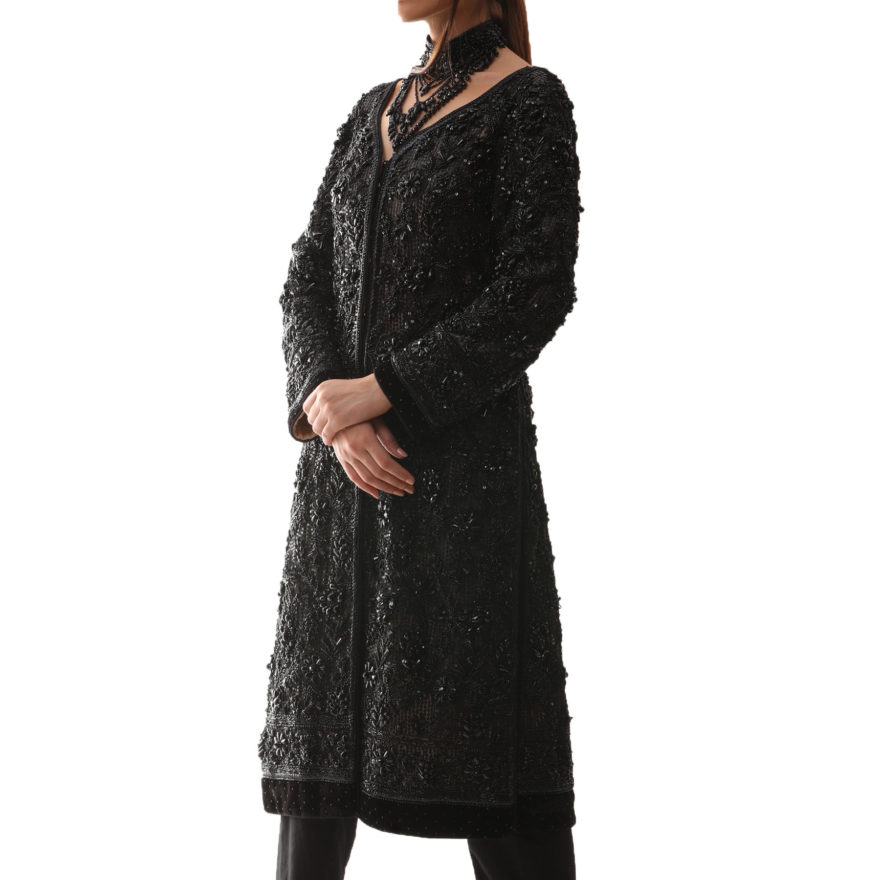 Black Beaded Swarovski Crystals Coat - Rizwan Beyg Design