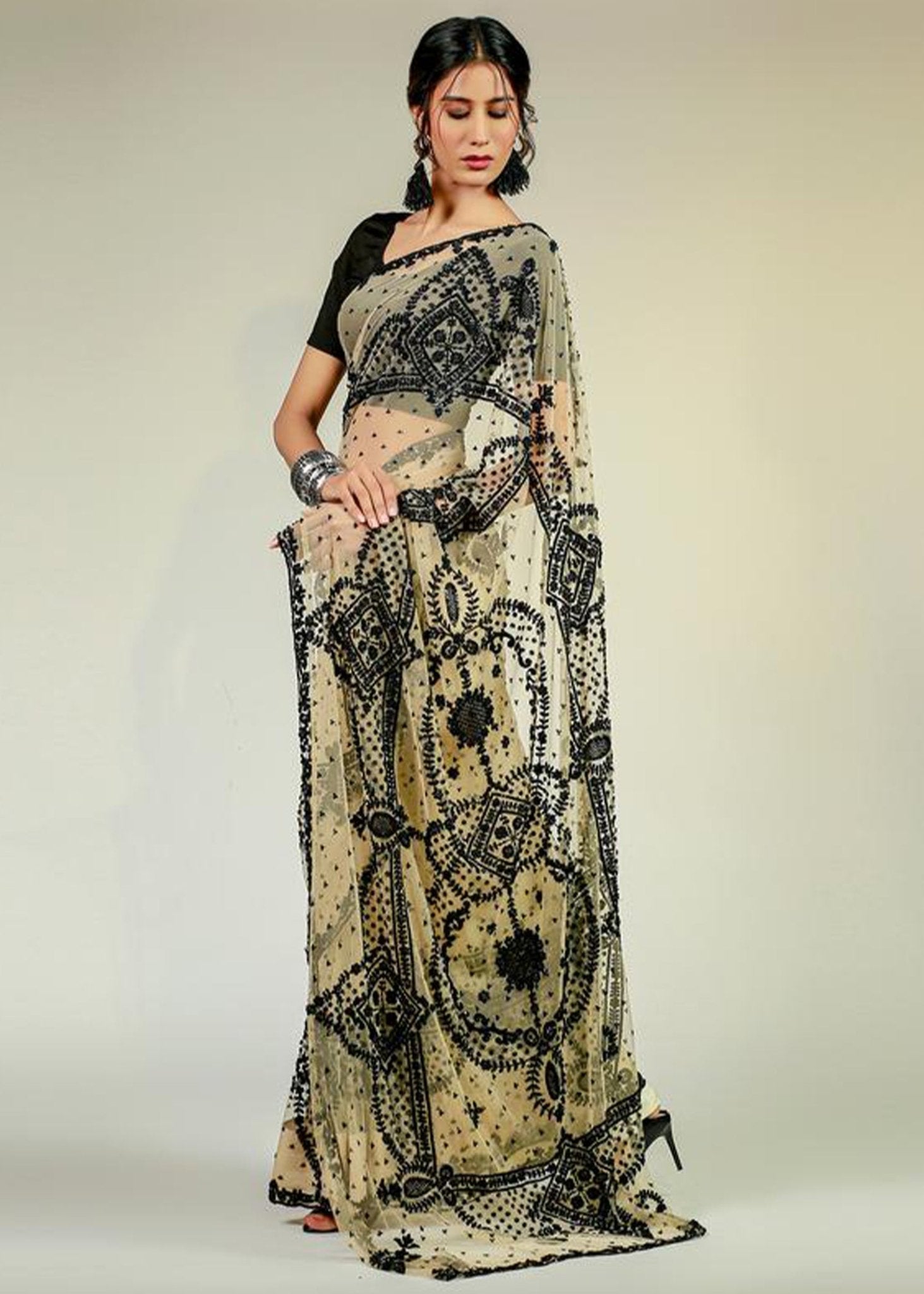 Black Beige Pearls 80s Saree