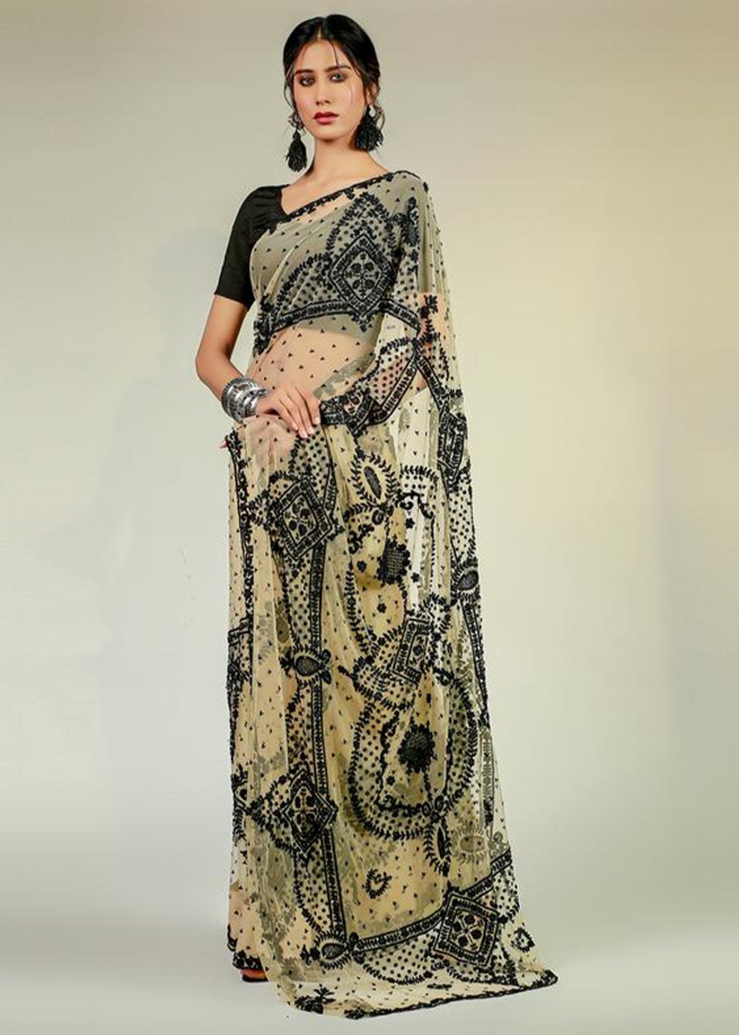 Black Beige Pearls 80s Saree - Rizwan Beyg Design